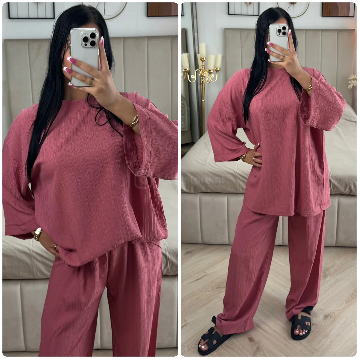 Long Sleeves Stripe Material Basic Wide Leg Set - Image 7