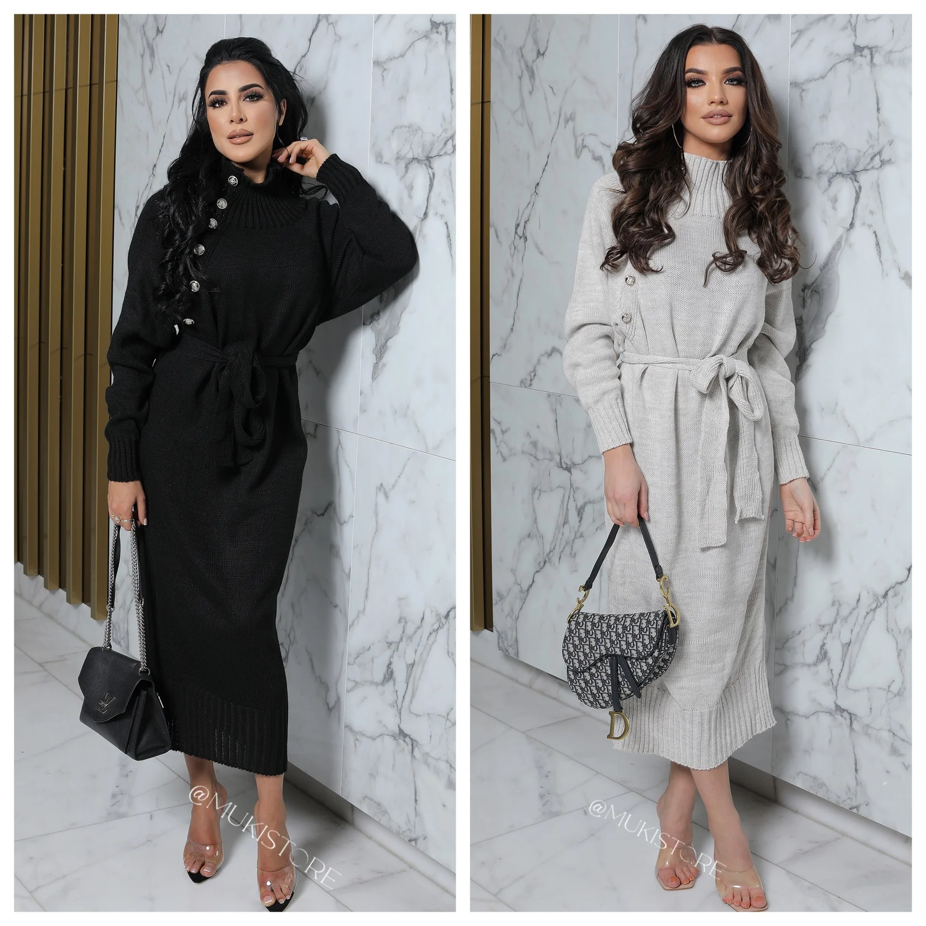 Long Sweater Dress High Neck Tie Belt Button Details - Image 7
