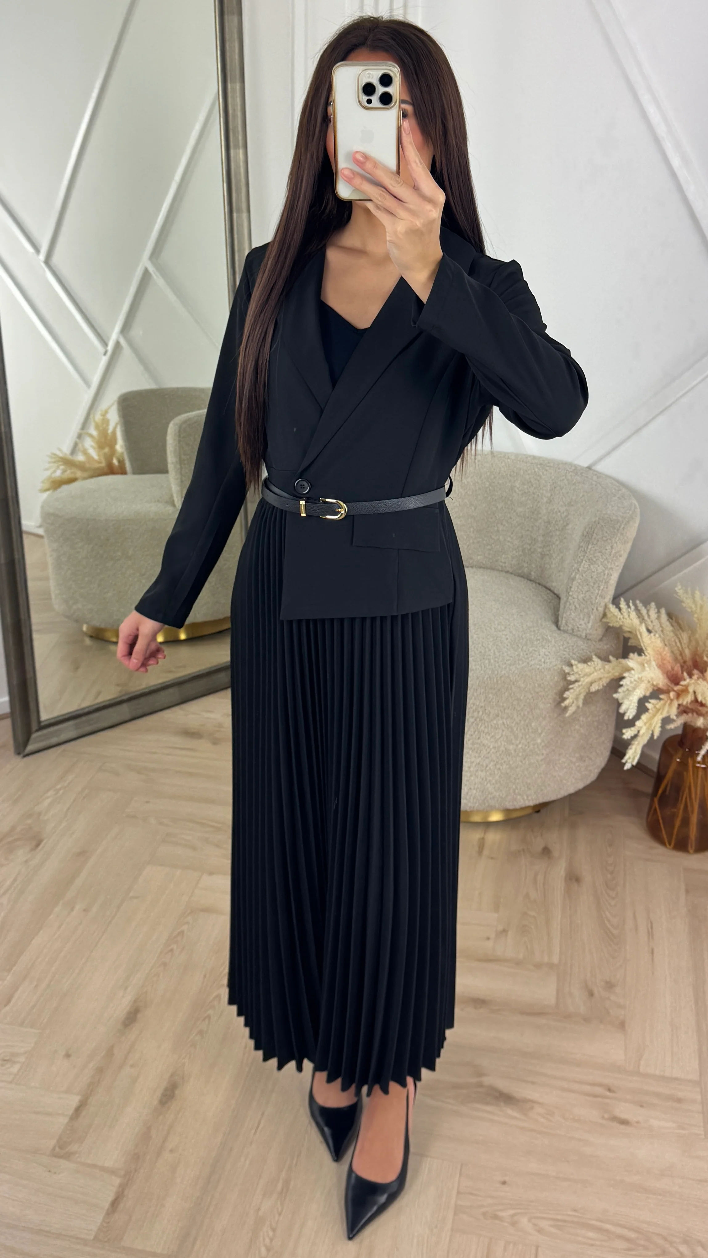 Luxe Blazer Plissé Maxi Jurk met Ceintuur - Image 3