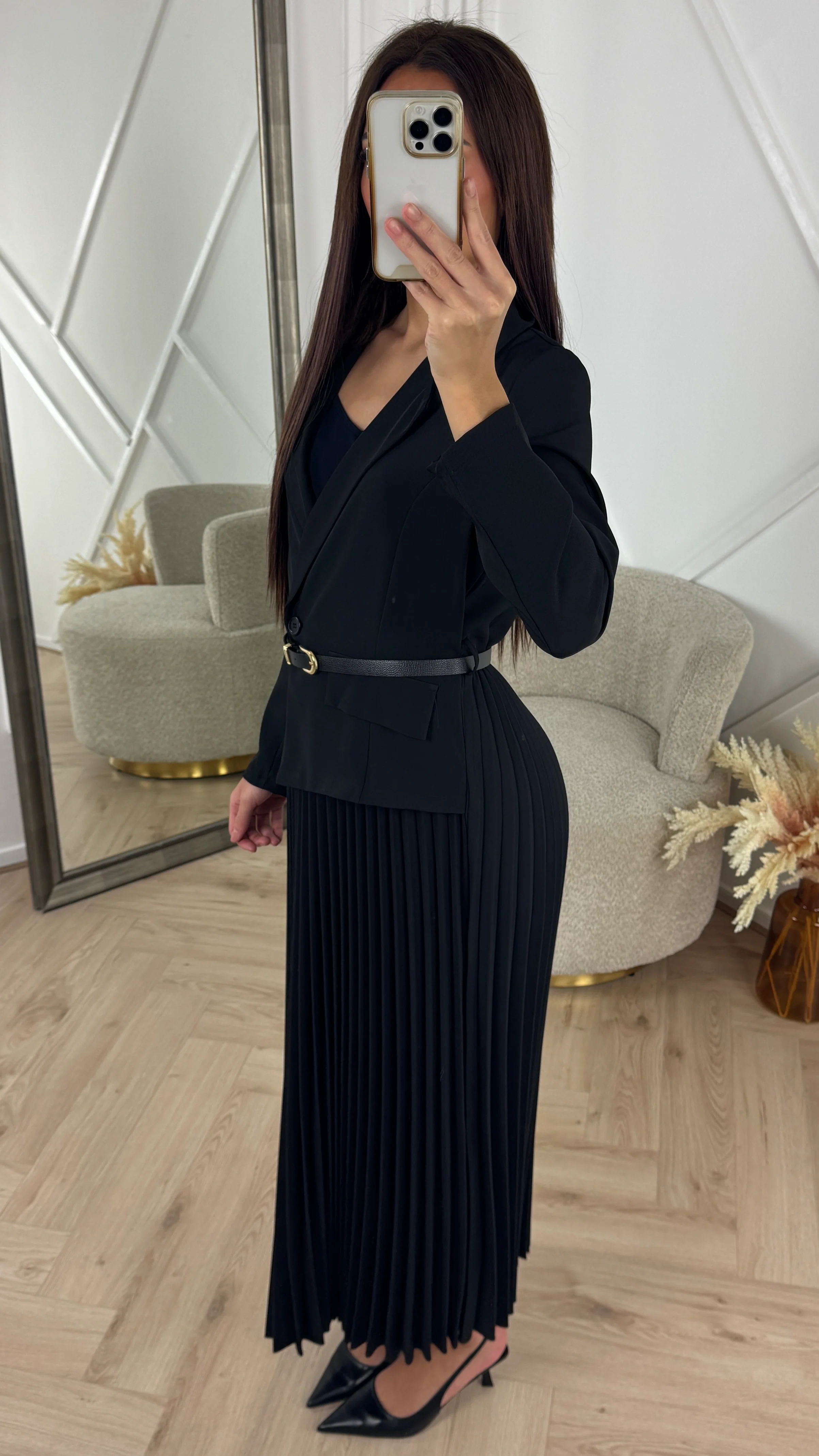 Luxe Blazer Plissé Maxi Jurk met Ceintuur - Image 4