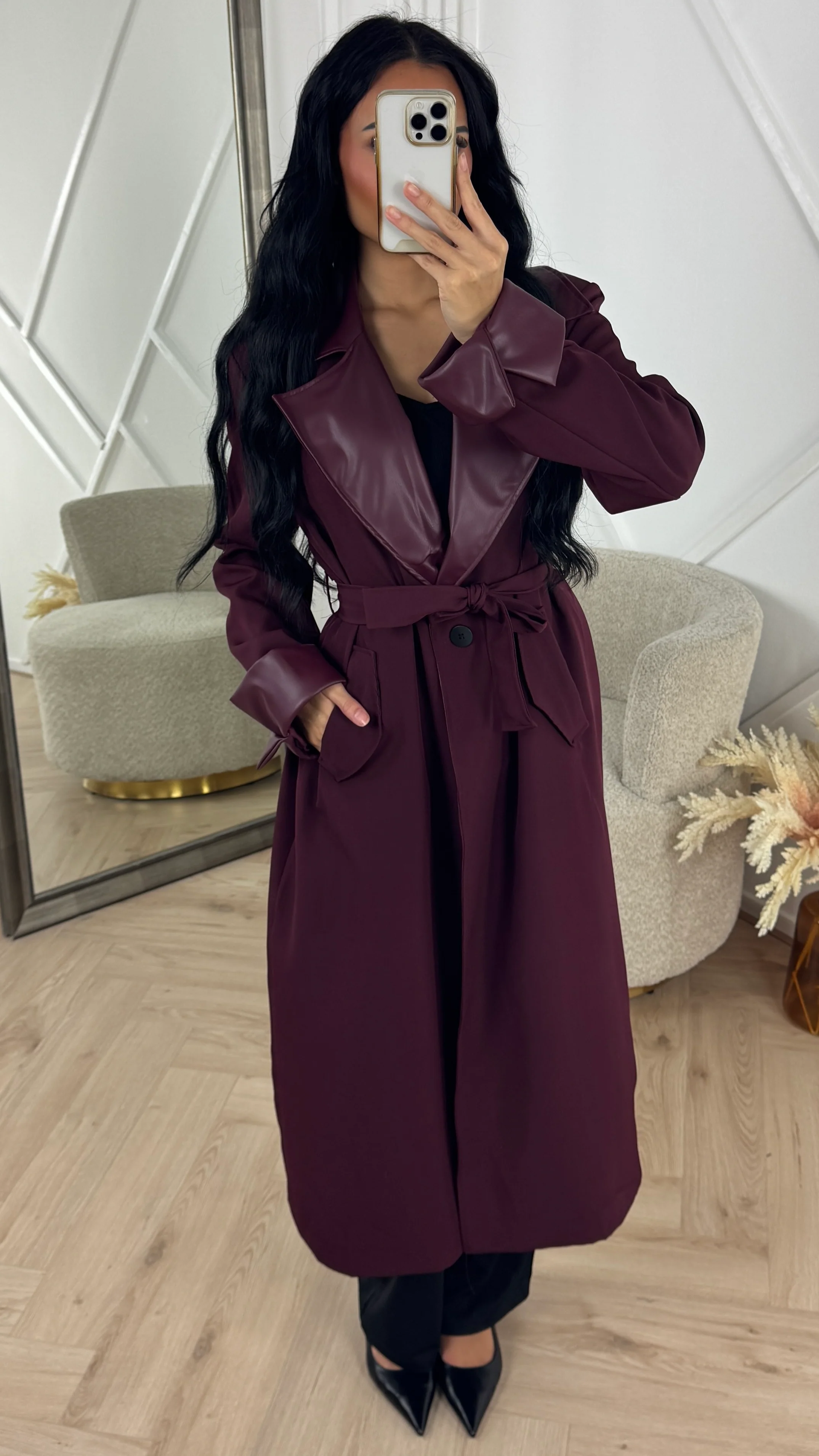 Luxe Trenchcoat met Leren Revers & Ceintuur - Image 6