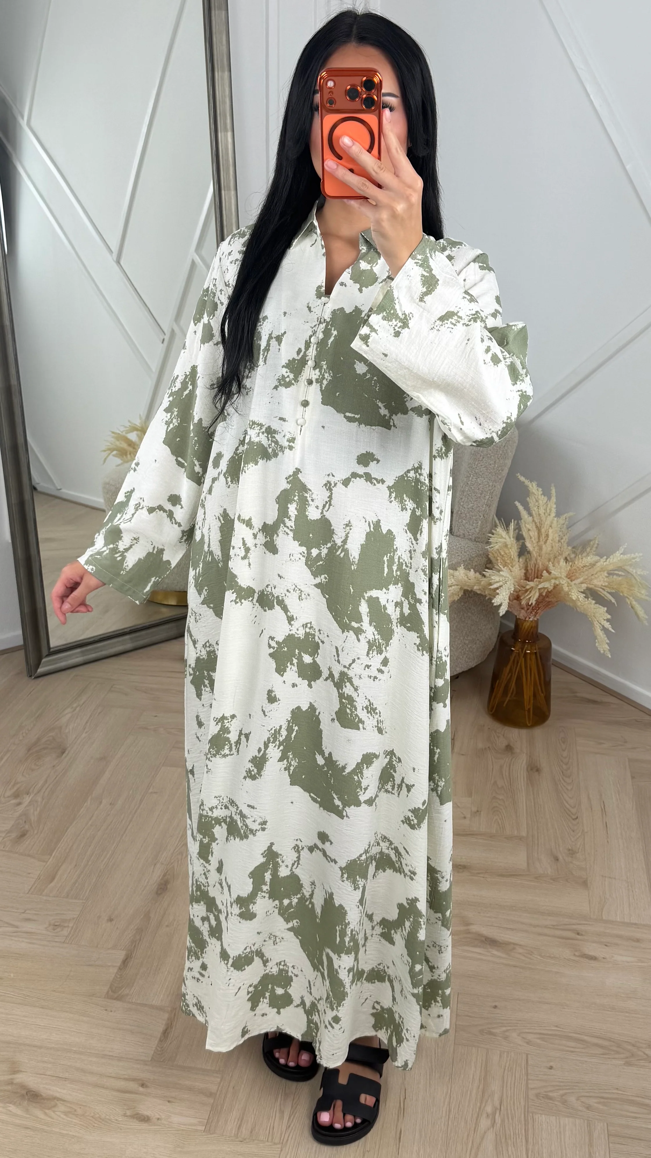Marmer Print Maxi Jurk met Knoopdetail 005-H - Image 2