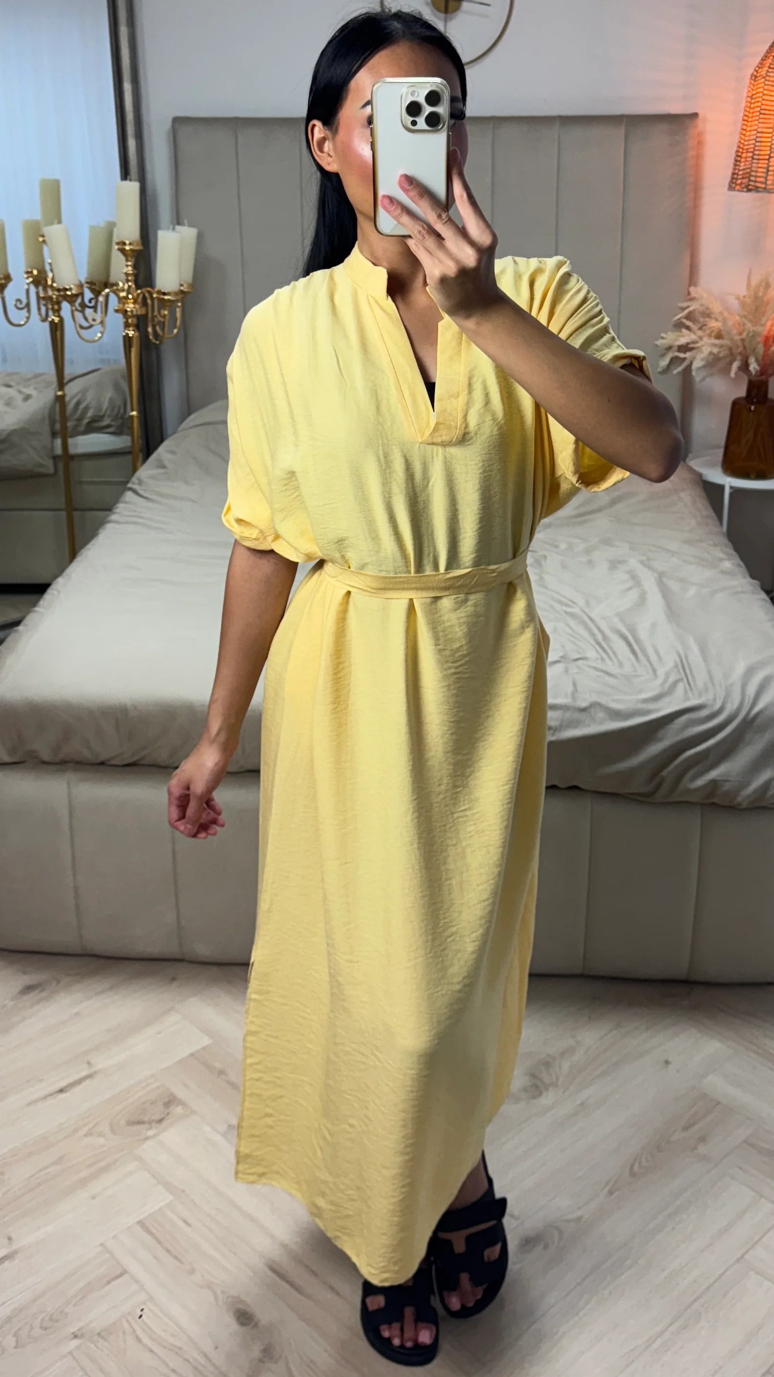 Maxi Jurk met Ceintuur en Ruffle Mouwen – Viscoseblend
