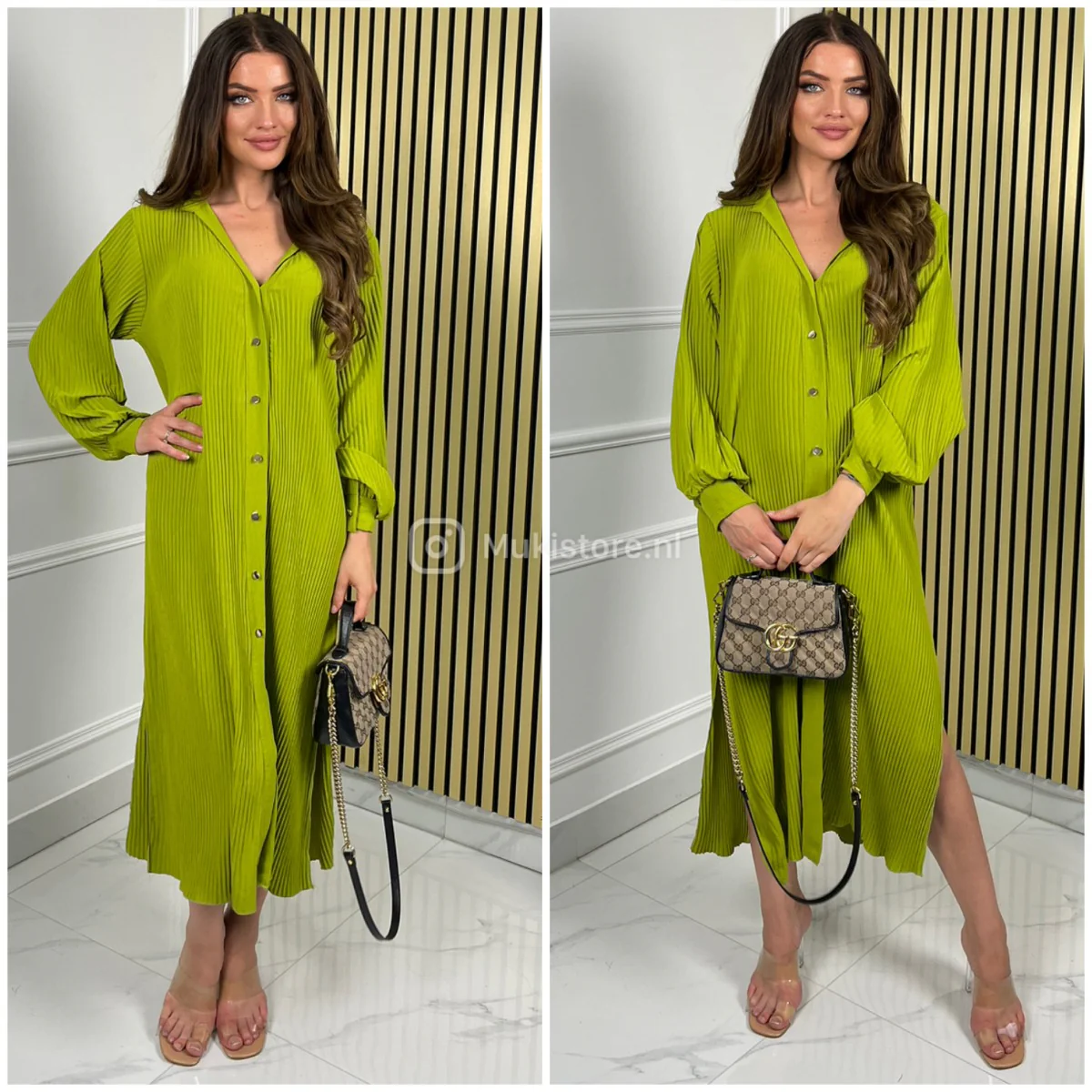 Maxi Plissé Blouse Dress Splits Golden Buttons - Image 10