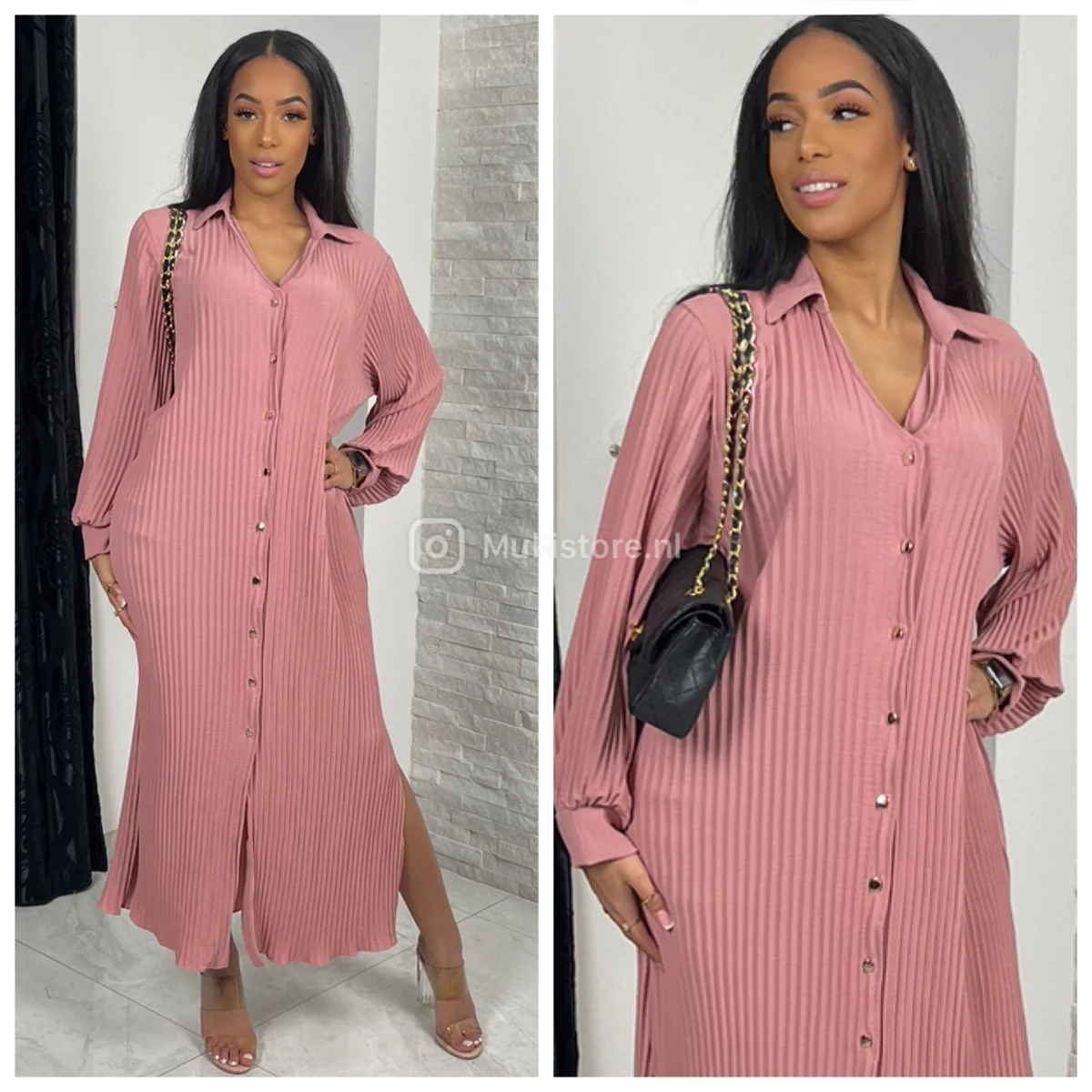 Maxi Plissé Blouse Dress Splits Golden Buttons - Image 16