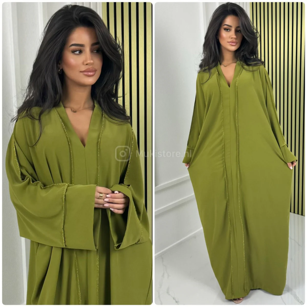 Mid Line Double Golden Seam V Neck Abaya - Image 16