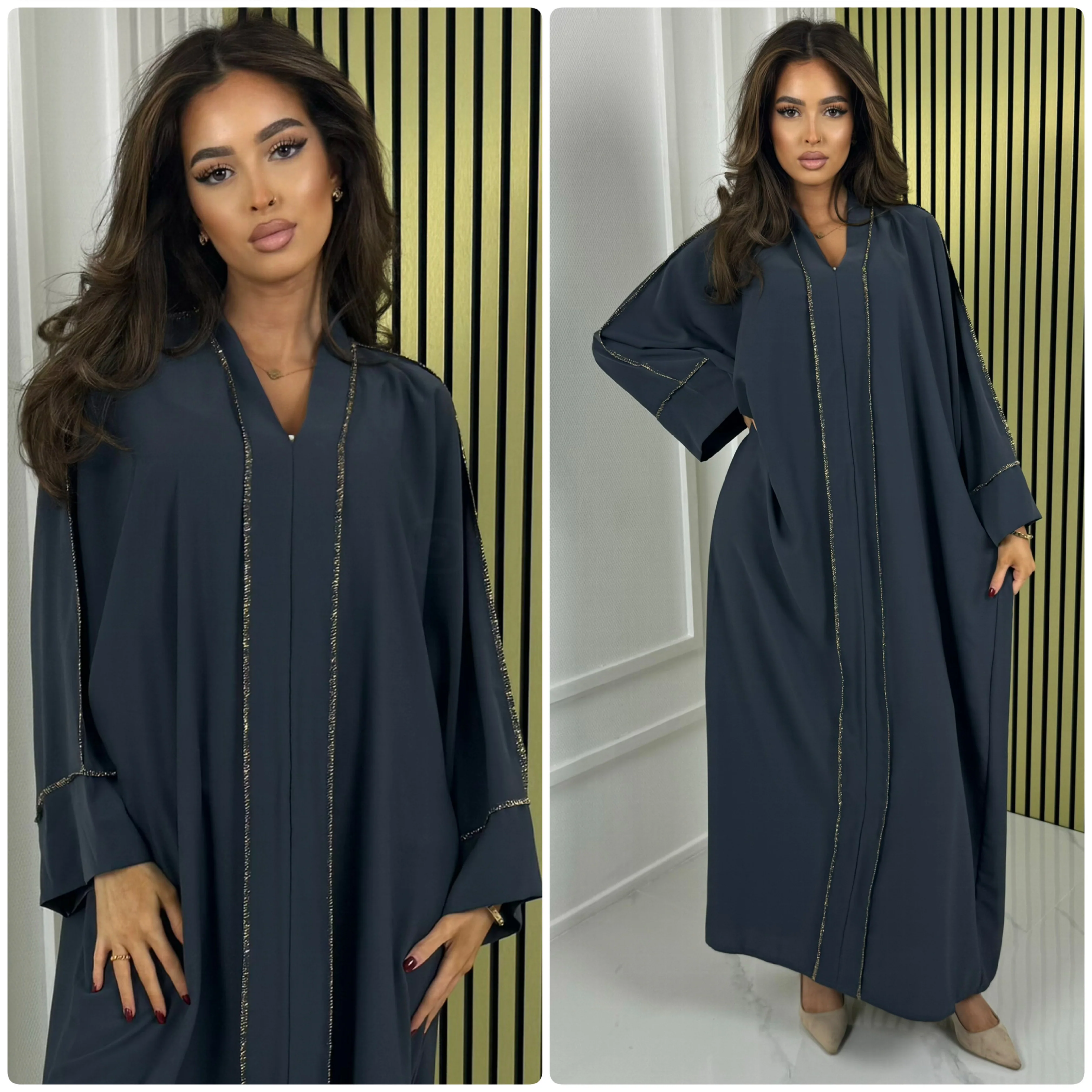 Mid Line Double Golden Seam V Neck Abaya - Image 34