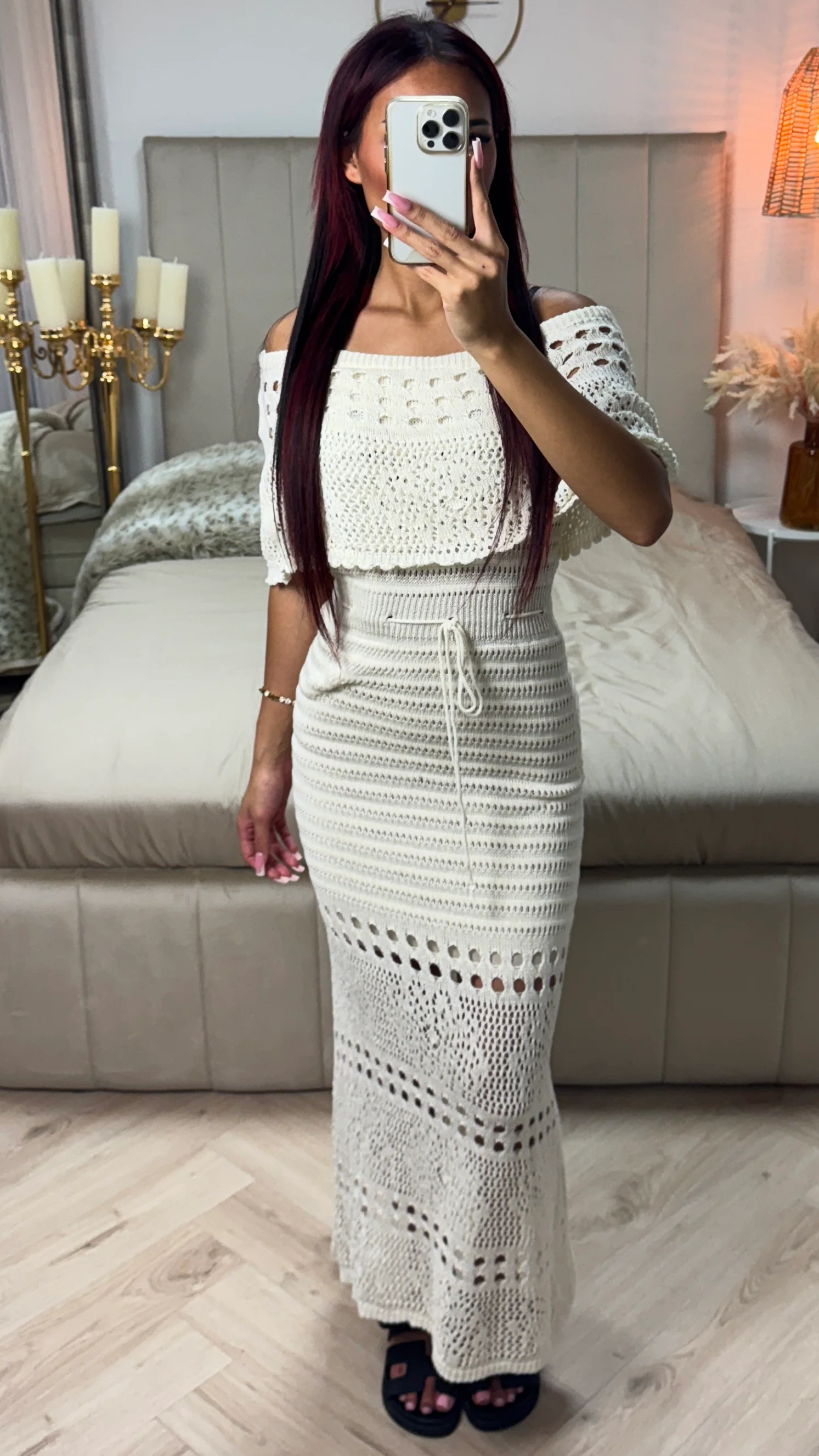 Off Shoulder Anglaise Broderie Tie Belt Dress - Image 7
