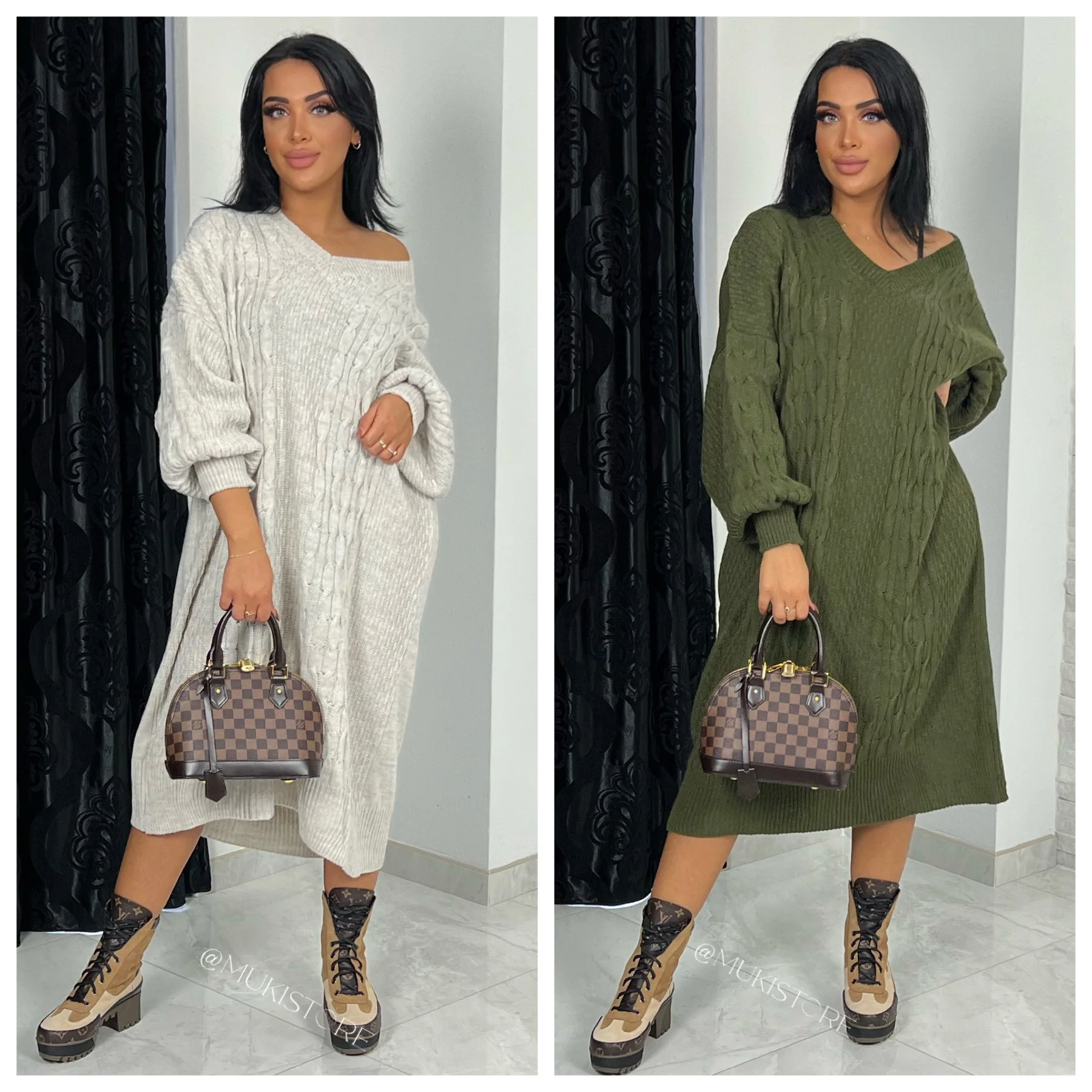 Oversized Cable Dress V Neck Balloon Sleeve 1401 - Image 4