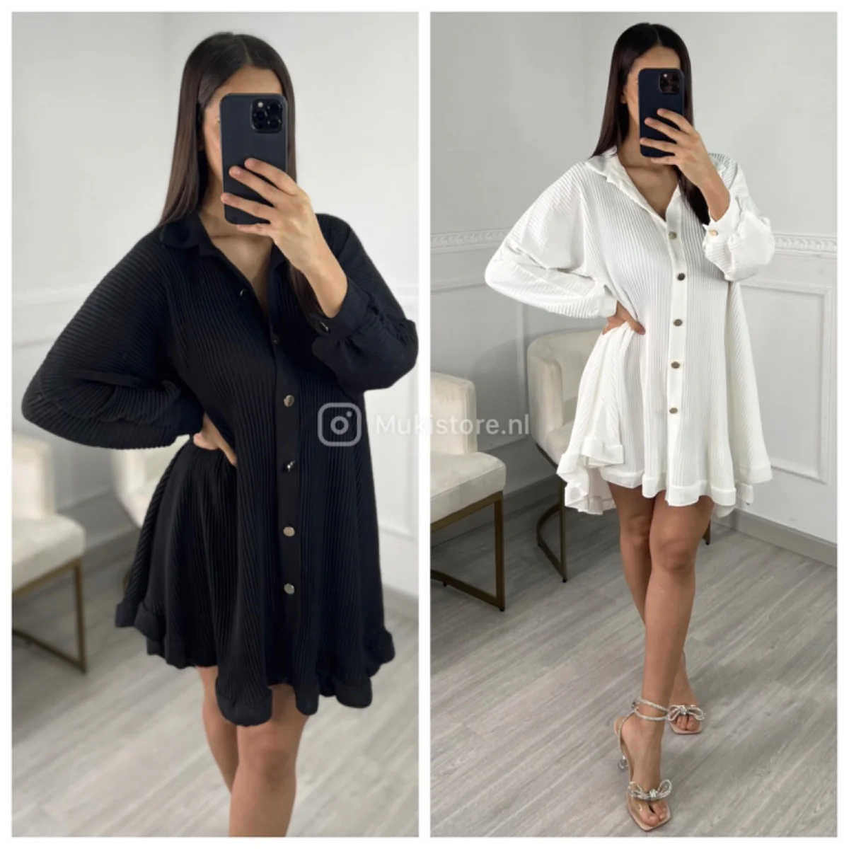 Oversized Gold Buttons Ribbed Dress - Image 2
