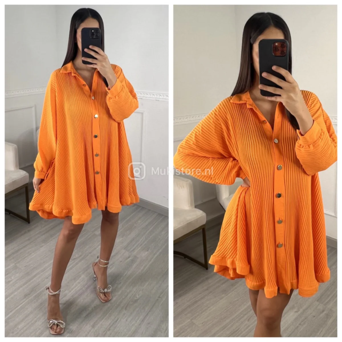 Oversized Gold Buttons Ribbed Dress - Image 4