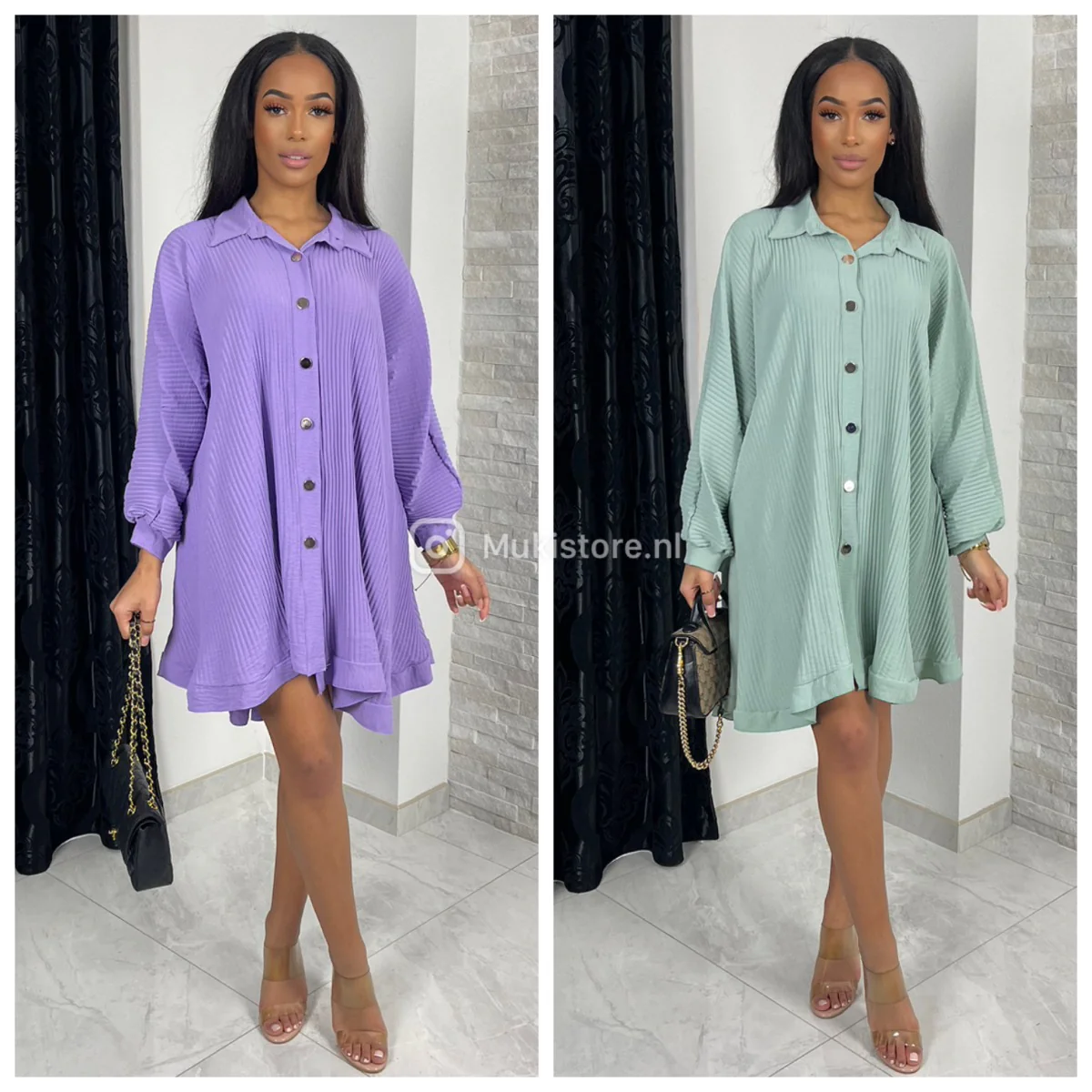 Oversized Gold Buttons Ribbed Dress - Image 5