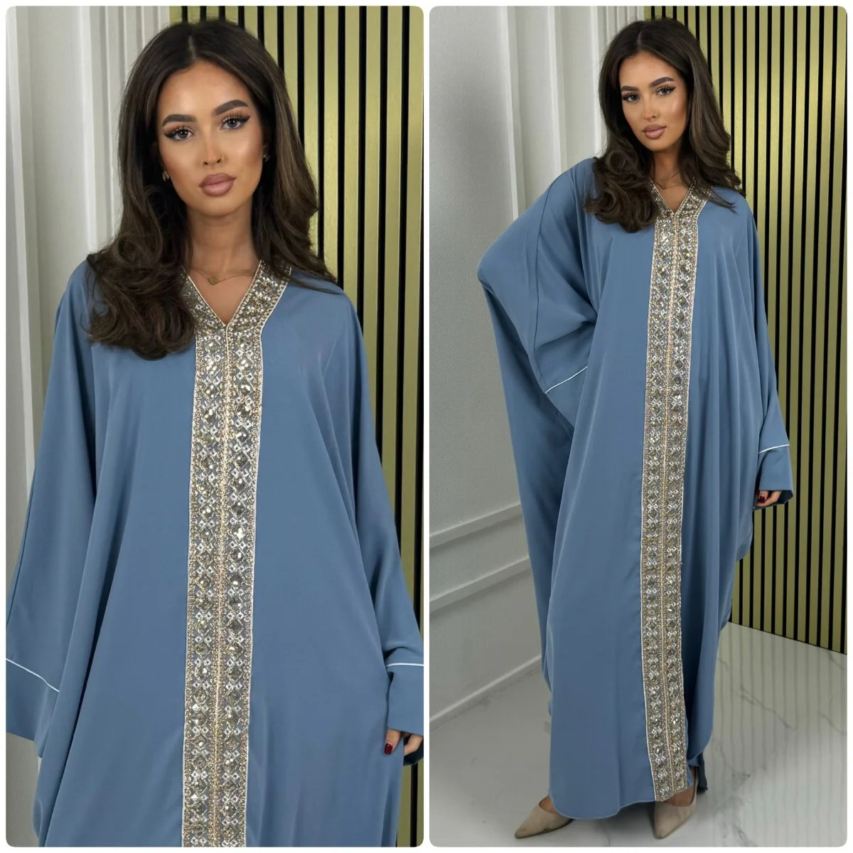 Oversized Golden Embroidery Mid Line Abaya Dress - Image 10