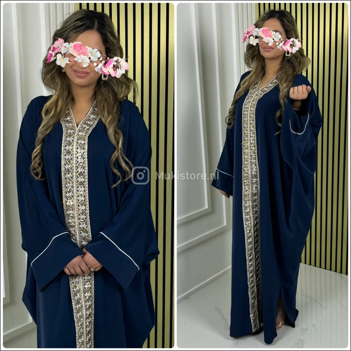 Oversized Golden Embroidery Mid Line Abaya Dress - Image 19