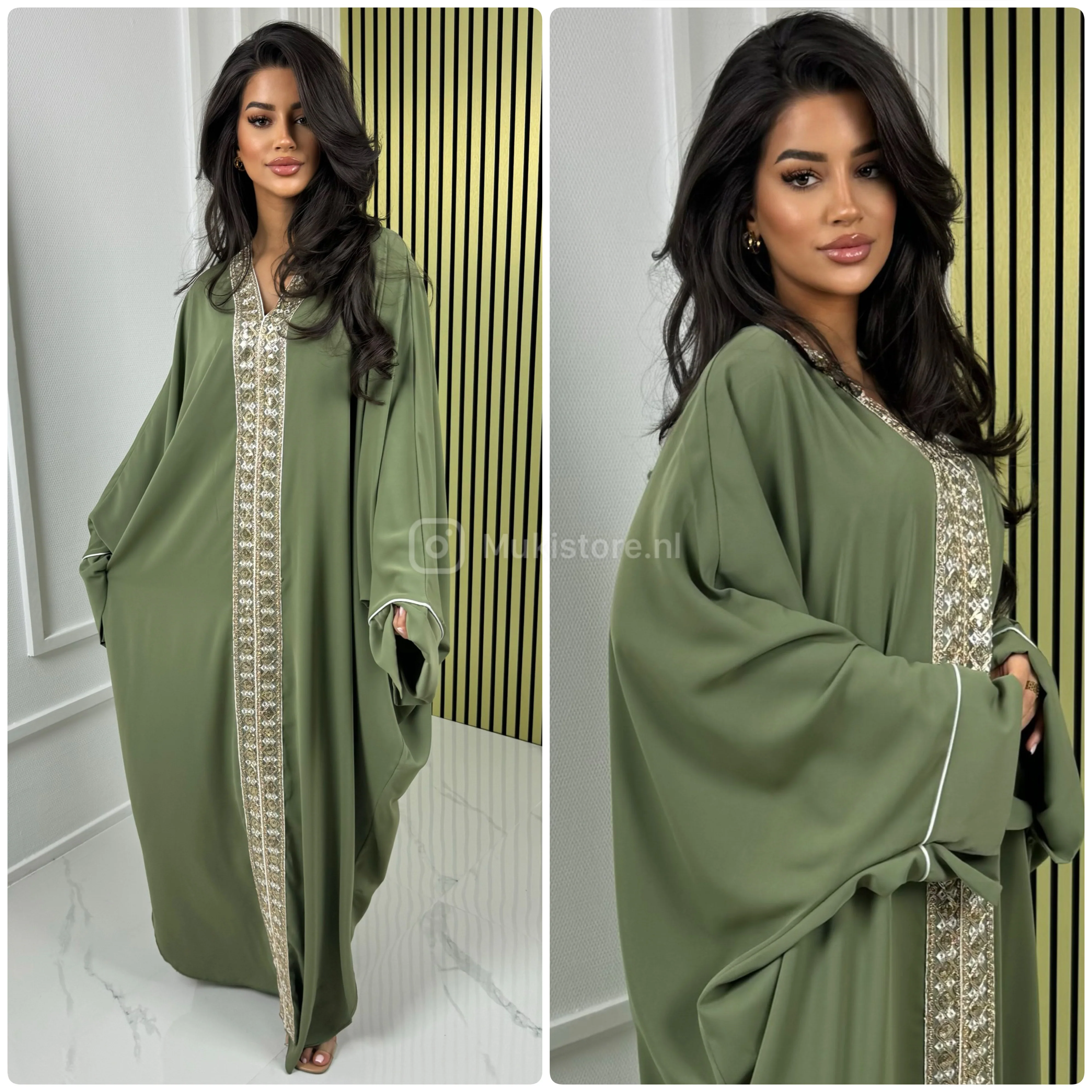 Oversized Golden Embroidery Mid Line Abaya Dress - Image 21