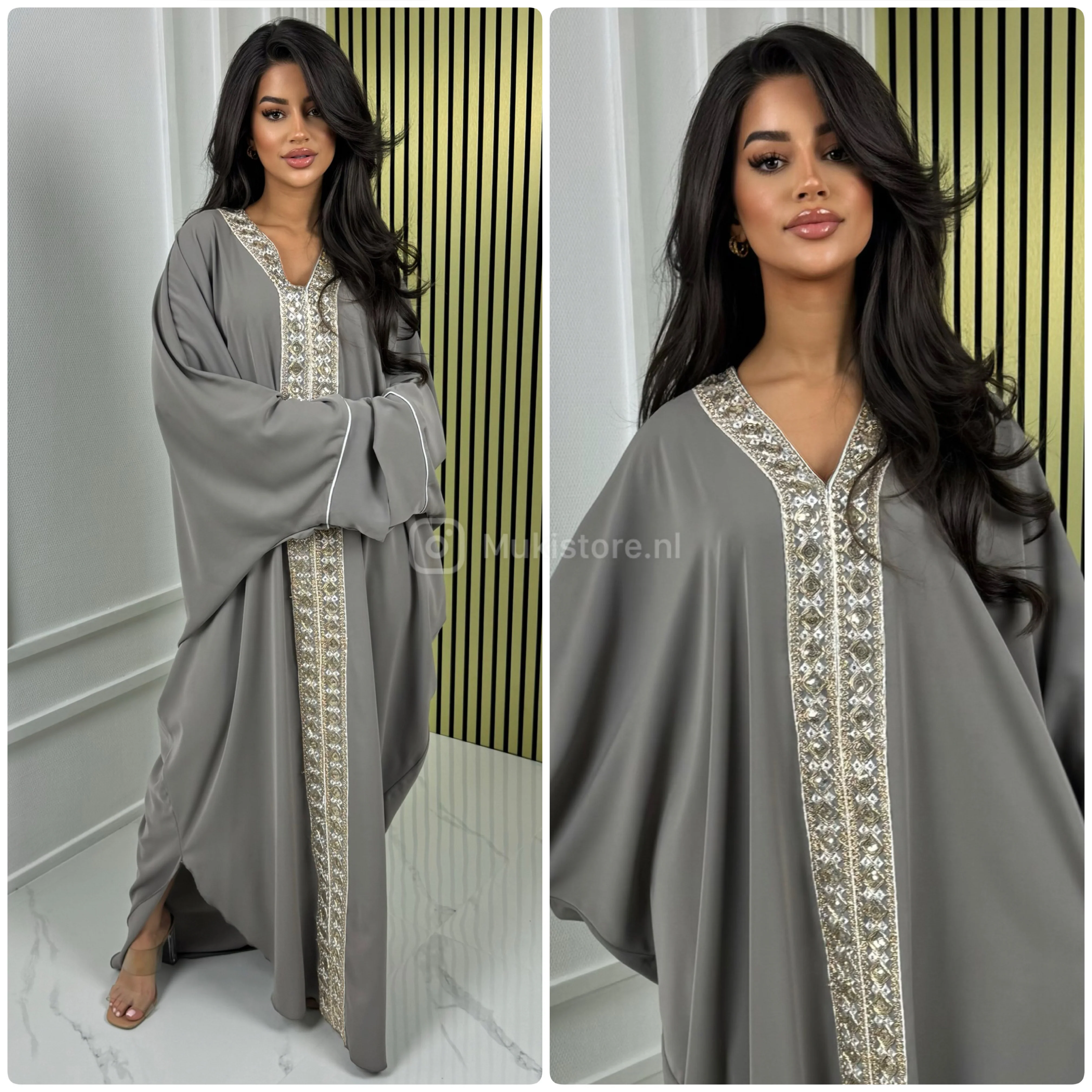 Oversized Golden Embroidery Mid Line Abaya Dress - Image 24