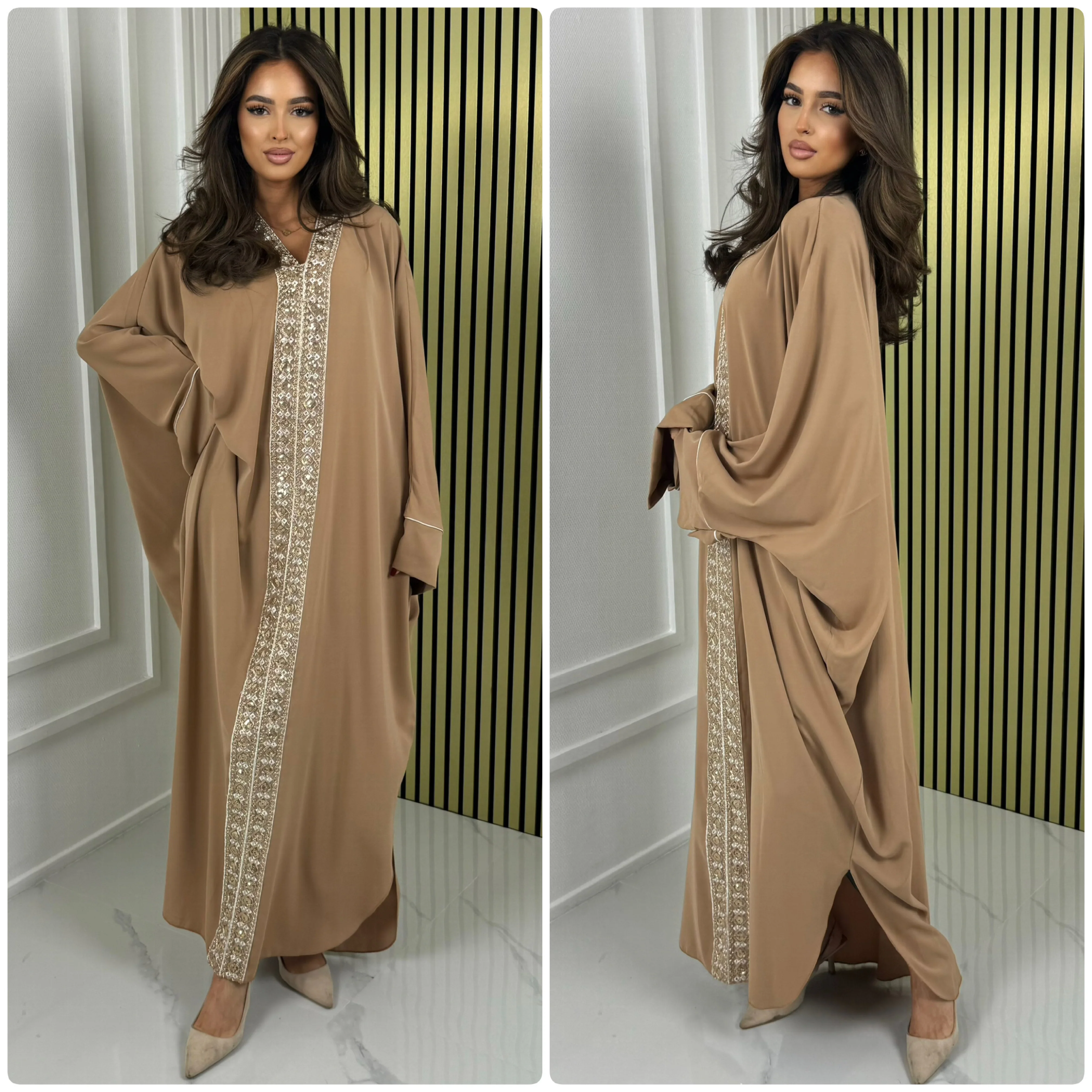 Oversized Golden Embroidery Mid Line Abaya Dress - Image 28