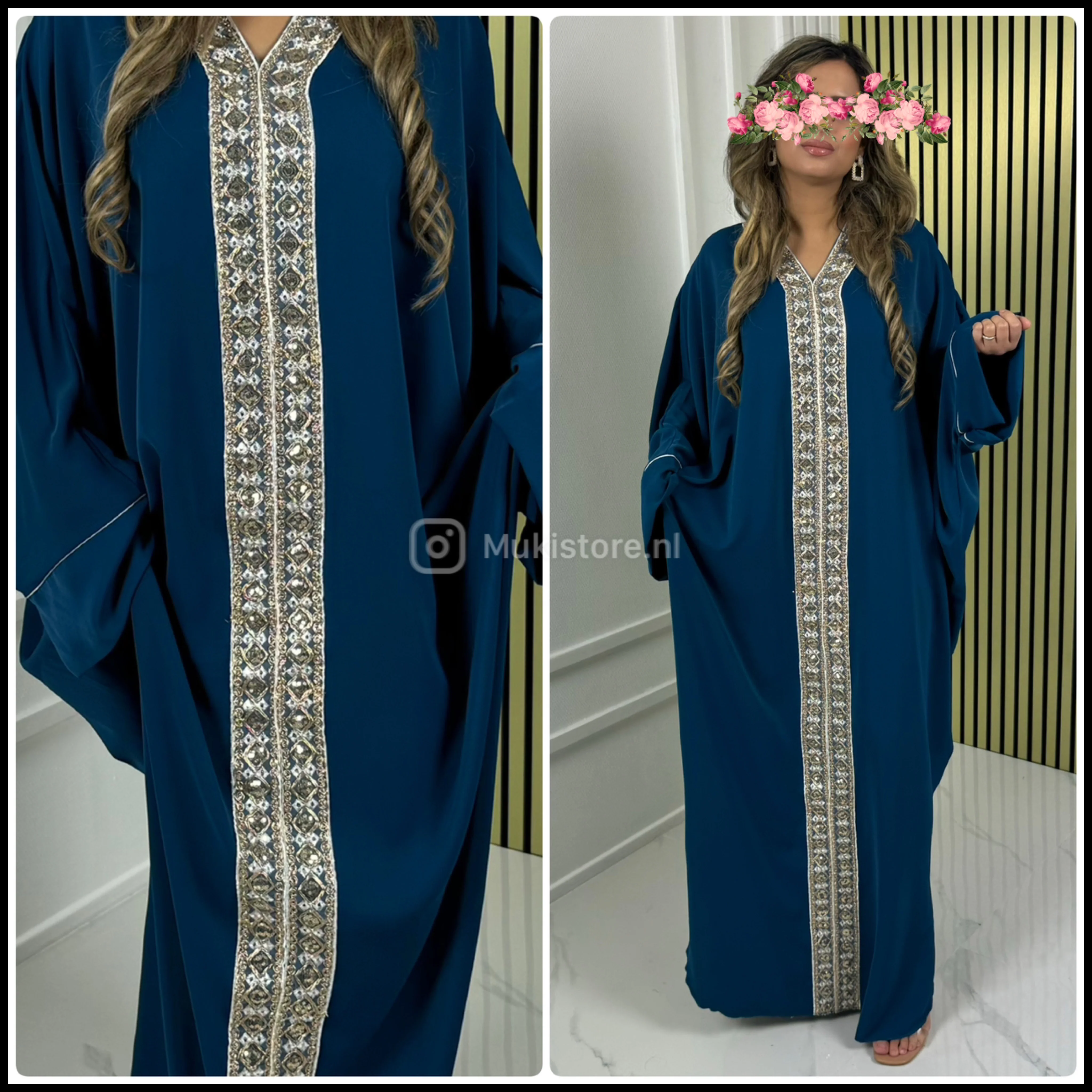 Oversized Golden Embroidery Mid Line Abaya Dress - Image 34