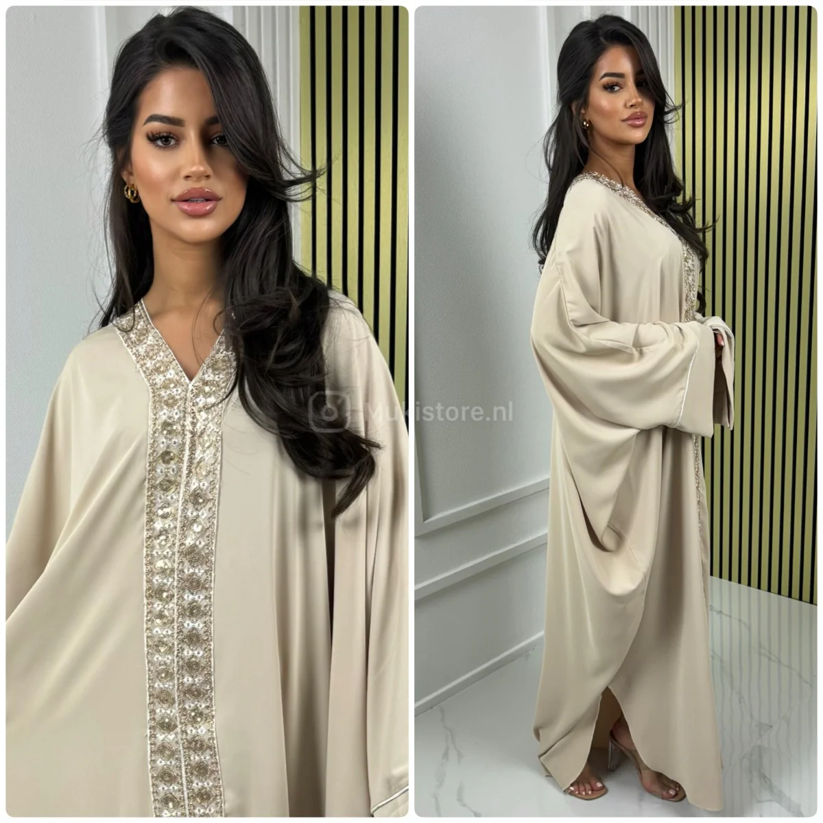 Oversized Golden Embroidery Mid Line Abaya Dress - Image 4