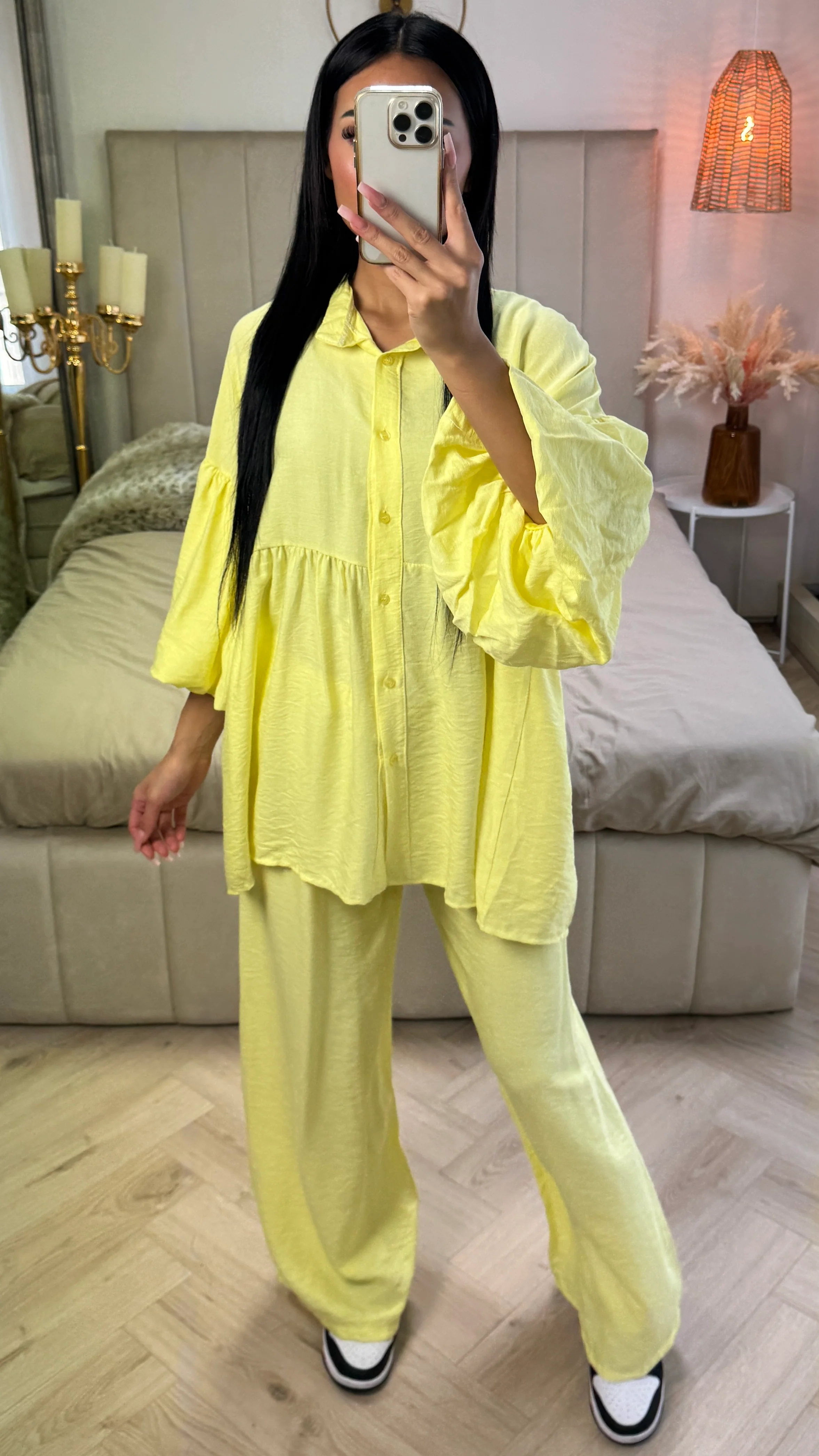 Oversized Katoenen Set met Pofmouwen & Rechte Broek