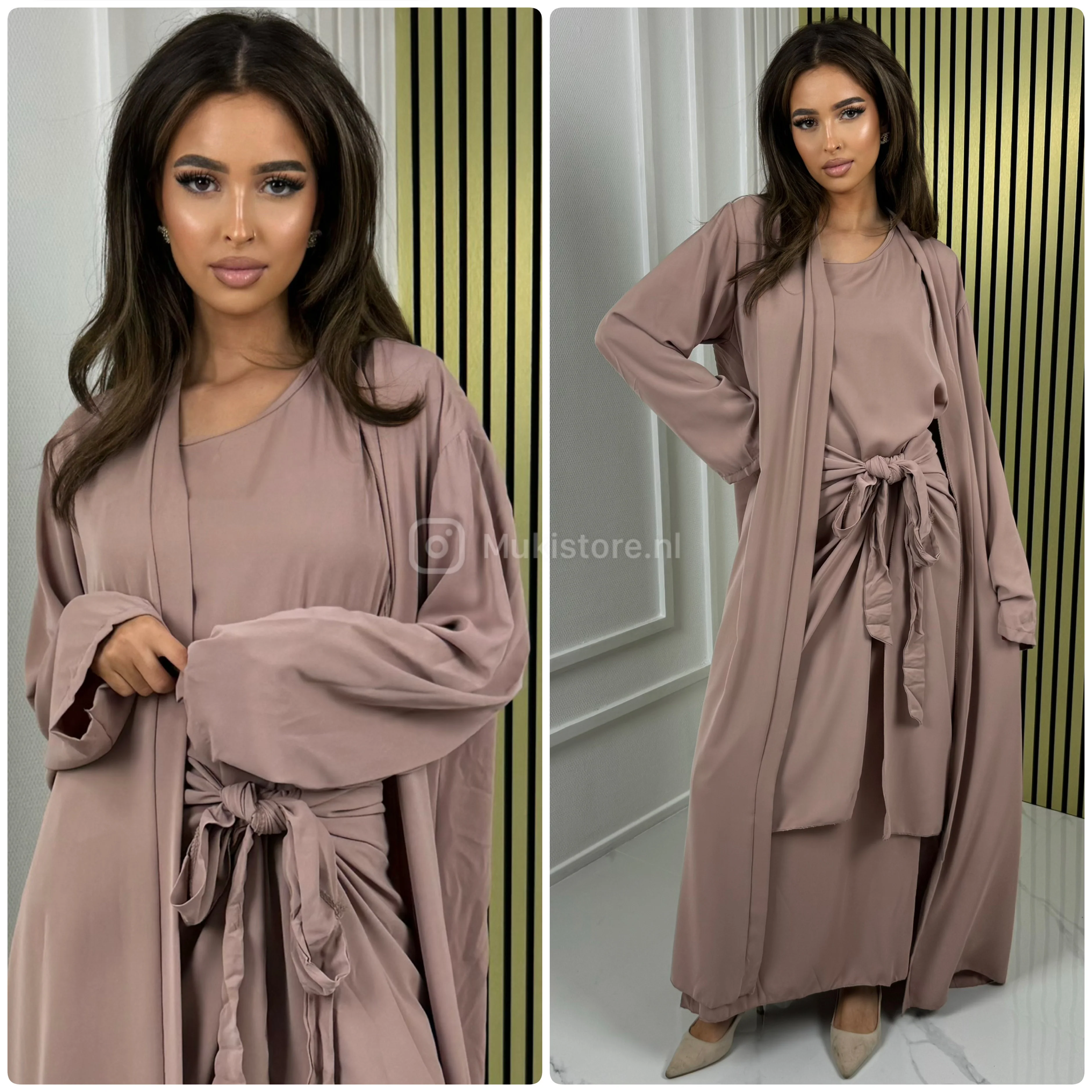 Oversized Kimono+ Dress +  Tie Belt Knot Waist Skirt Set - Image 11