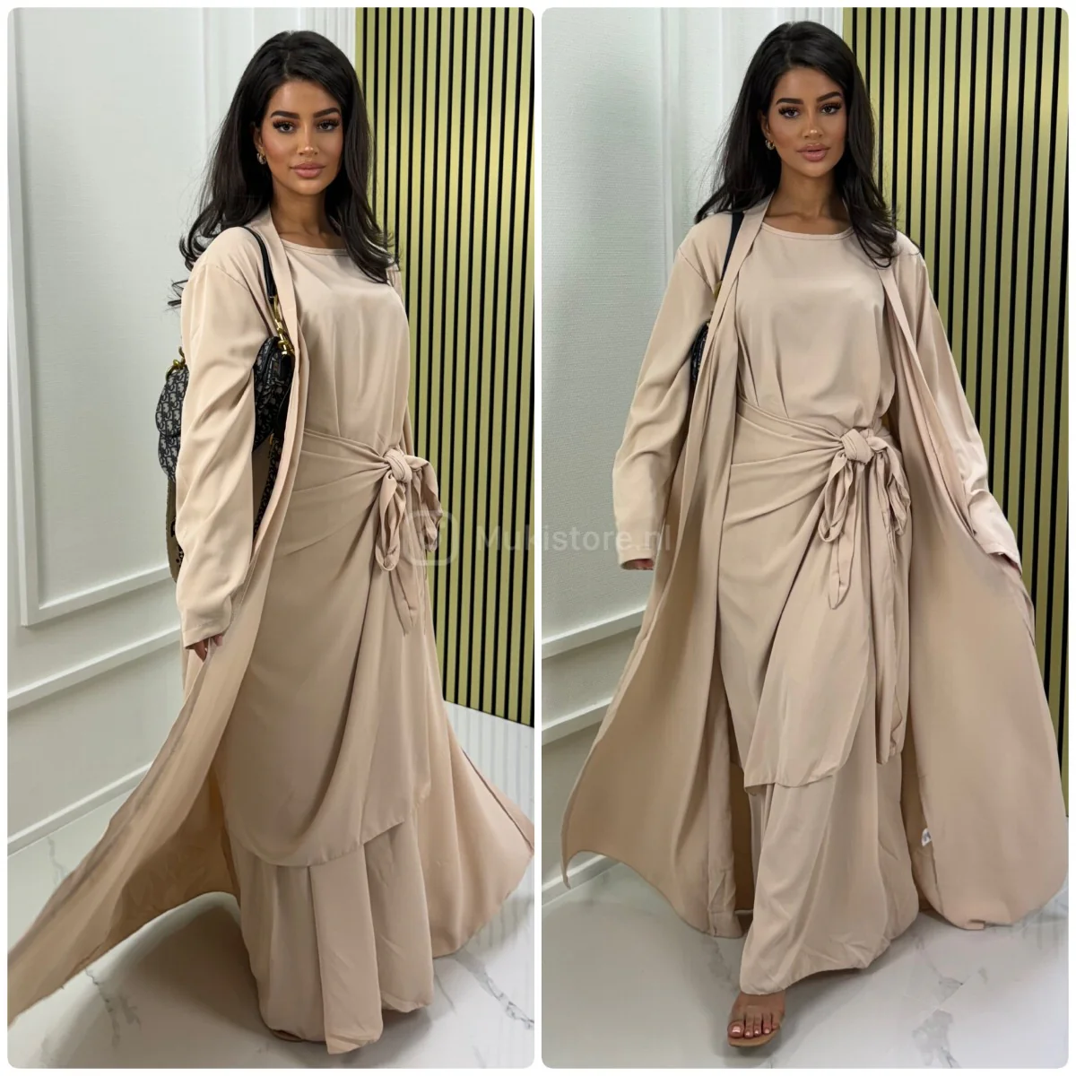 Oversized Kimono+ Dress +  Tie Belt Knot Waist Skirt Set - Image 2