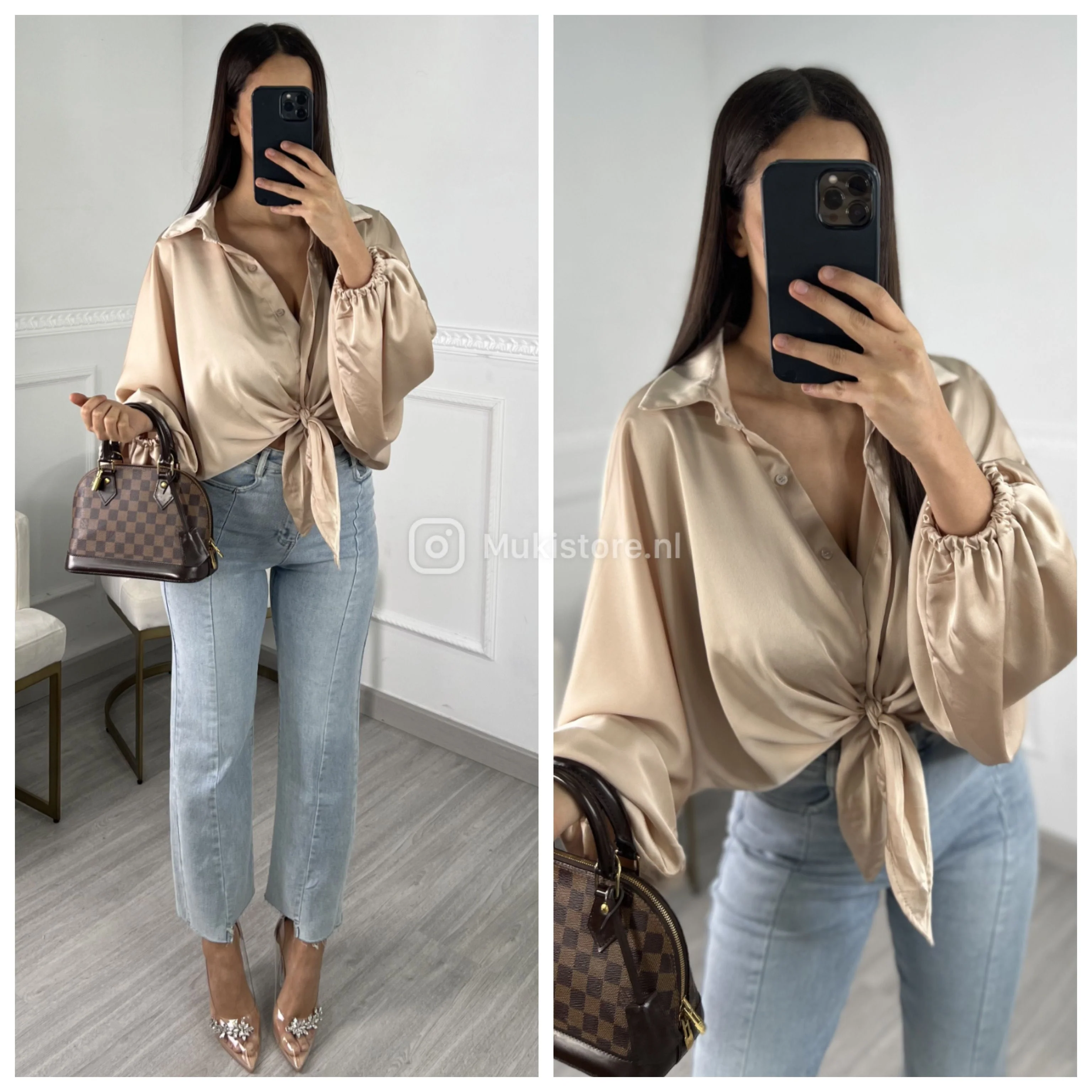 Oversized Satin Crop Blouse Elastic Sleevs - Image 11