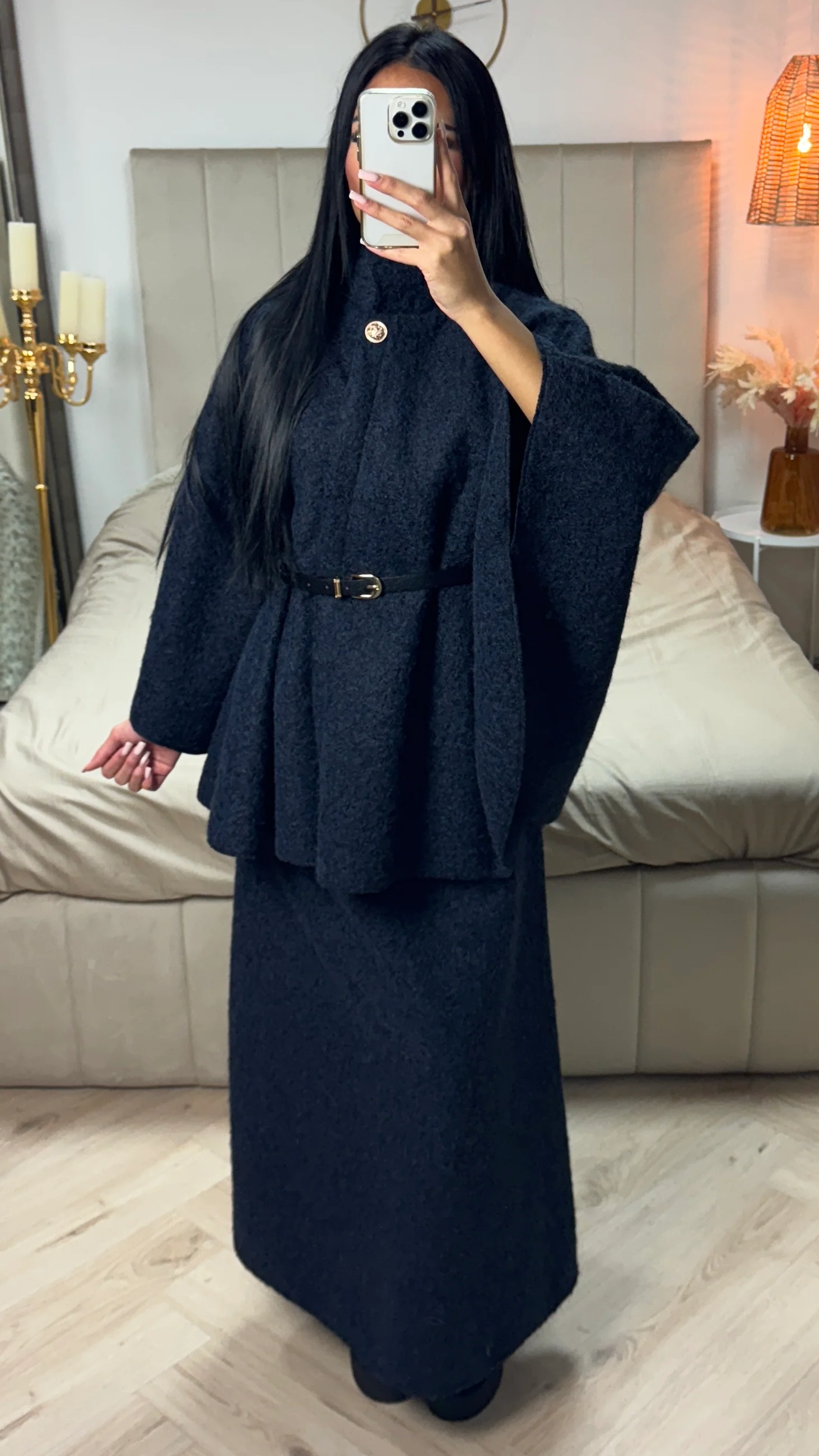 Oversized Teddy Tie Belt Poncho Skirt Set - Image 14