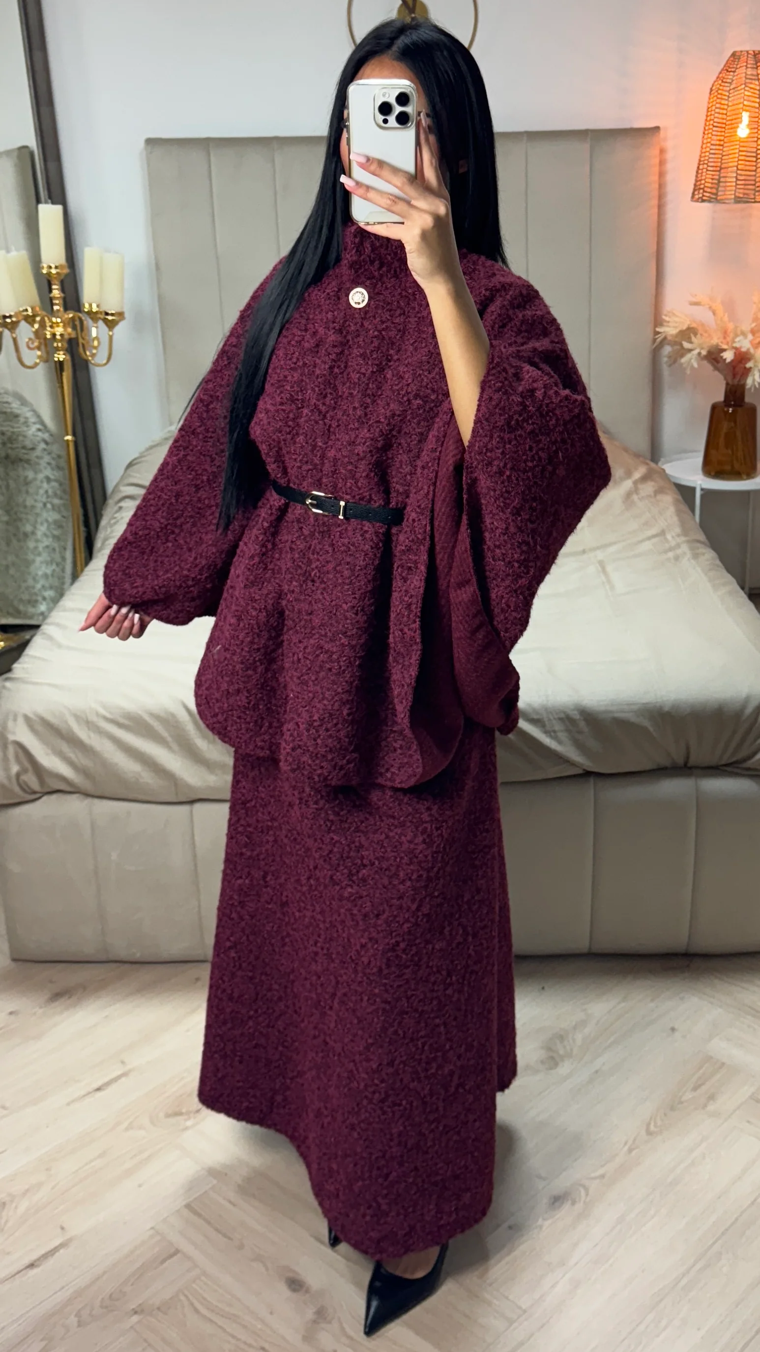 Oversized Teddy Tie Belt Poncho Skirt Set - Image 18