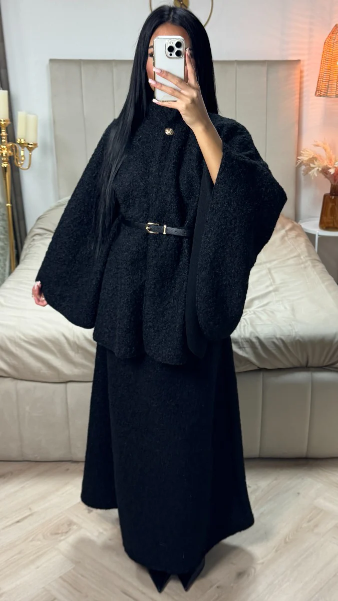 Oversized Teddy Tie Belt Poncho Skirt Set - Image 6