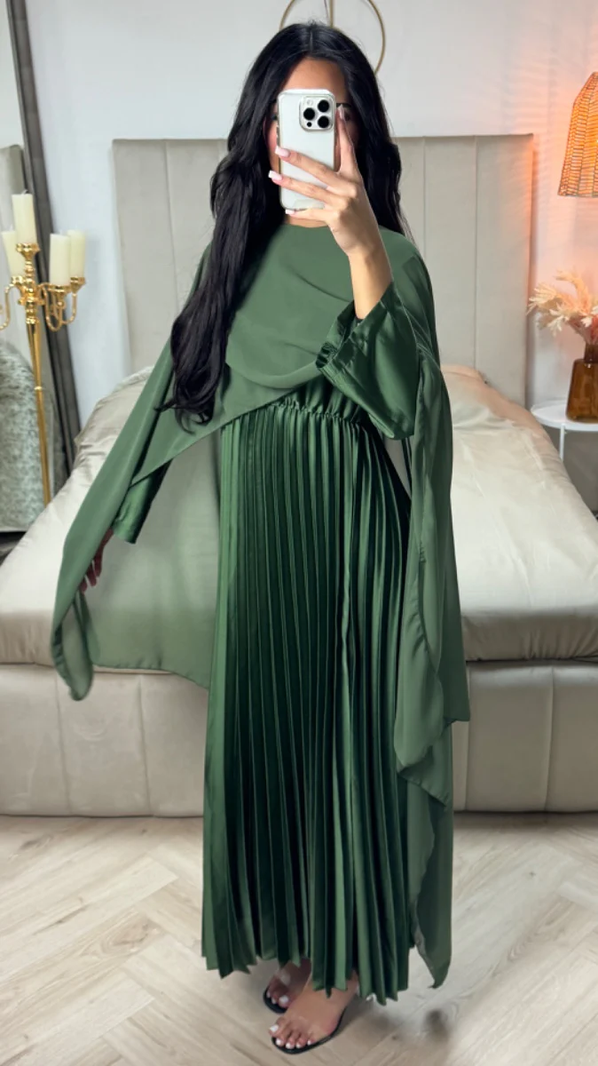 Pleated Satin Dress Integrated Shawl - Image 11