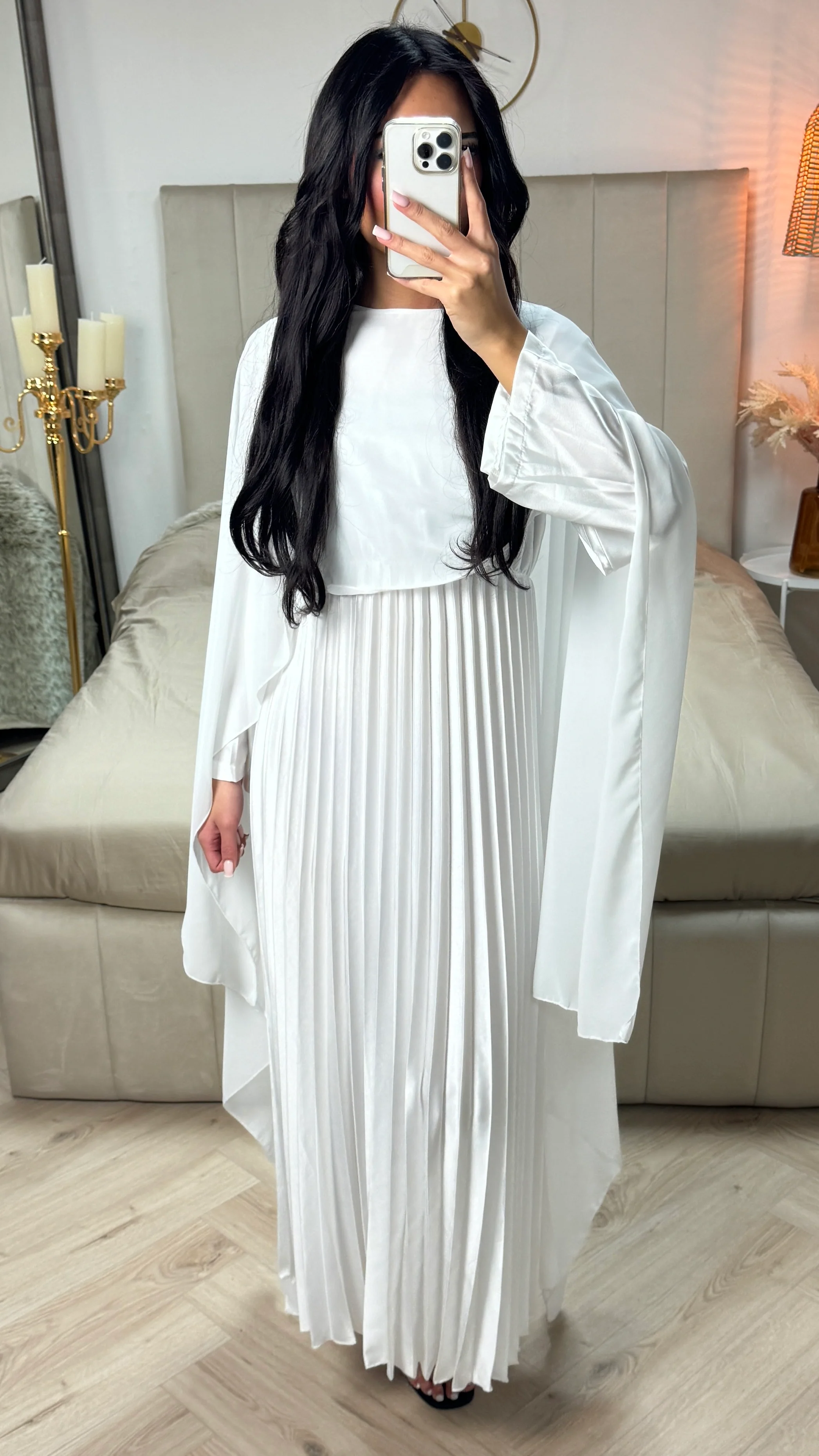 Pleated Satin Dress Integrated Shawl - Image 19