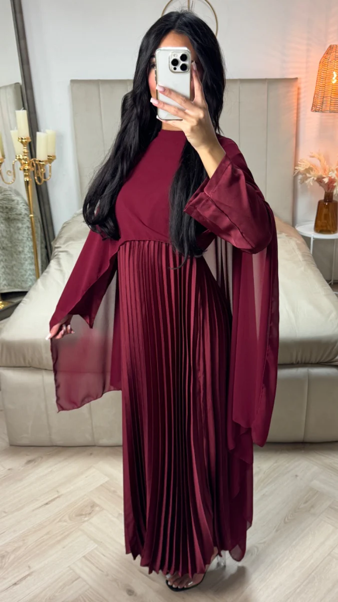 Pleated Satin Dress Integrated Shawl - Image 3