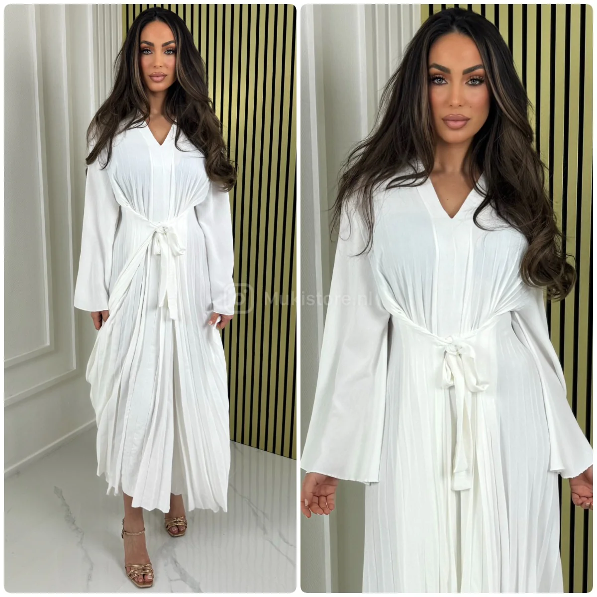 Pleated Tie Belt Dress Wide Sleeves - Image 10