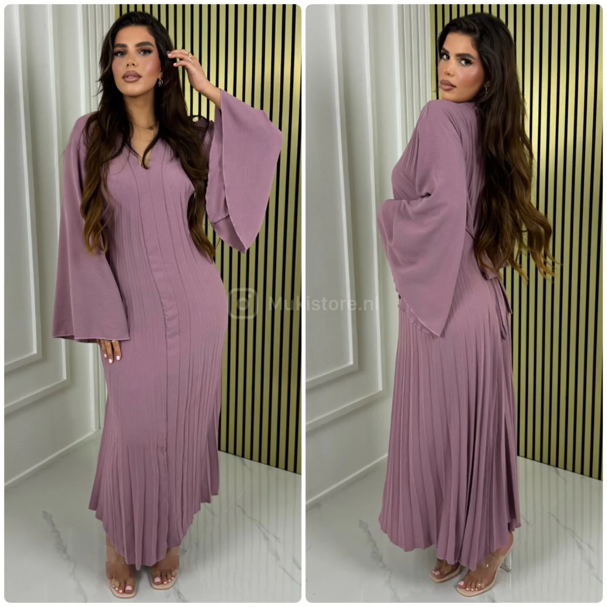Pleated Tie Belt Dress Wide Sleeves - Image 13