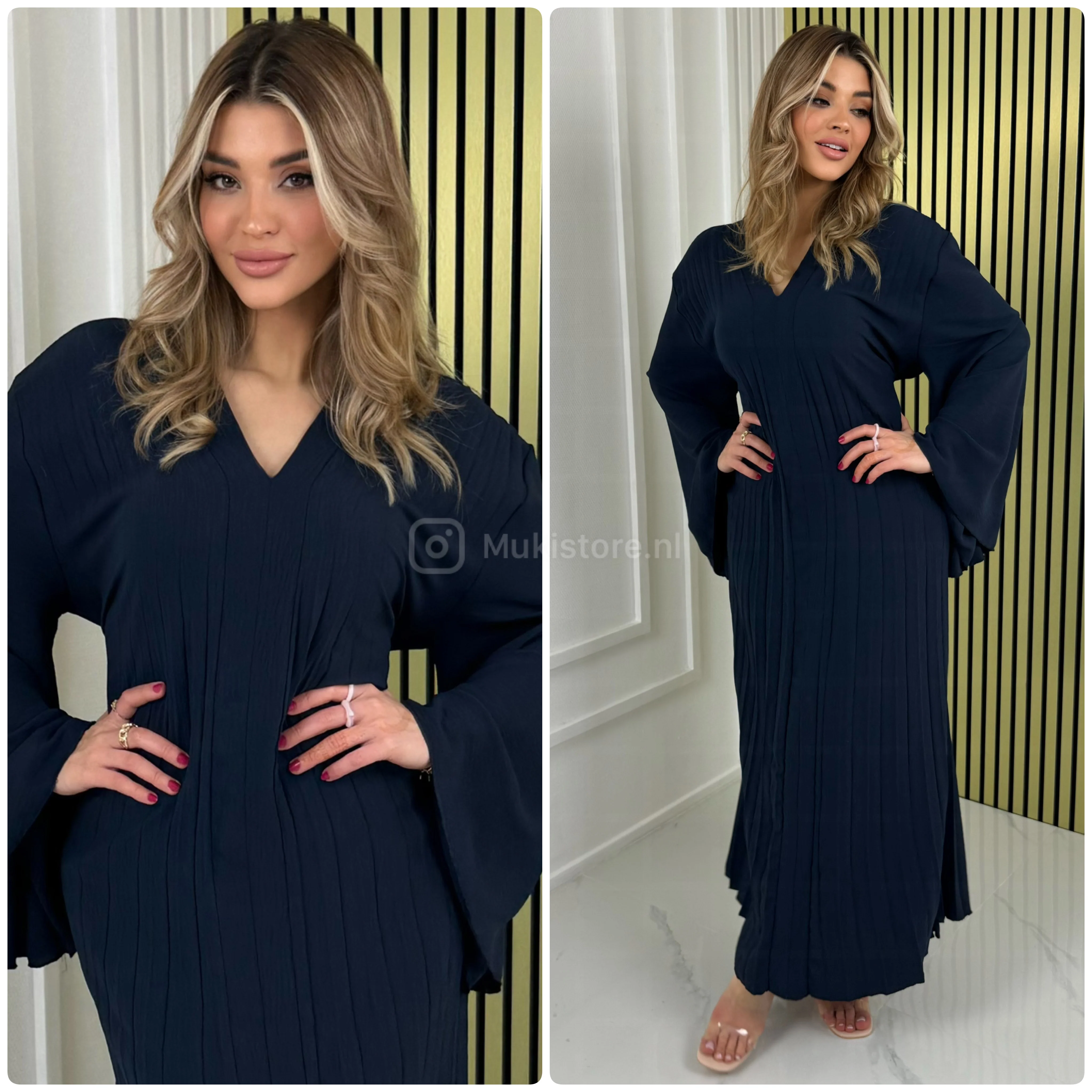 Pleated Tie Belt Dress Wide Sleeves - Image 24