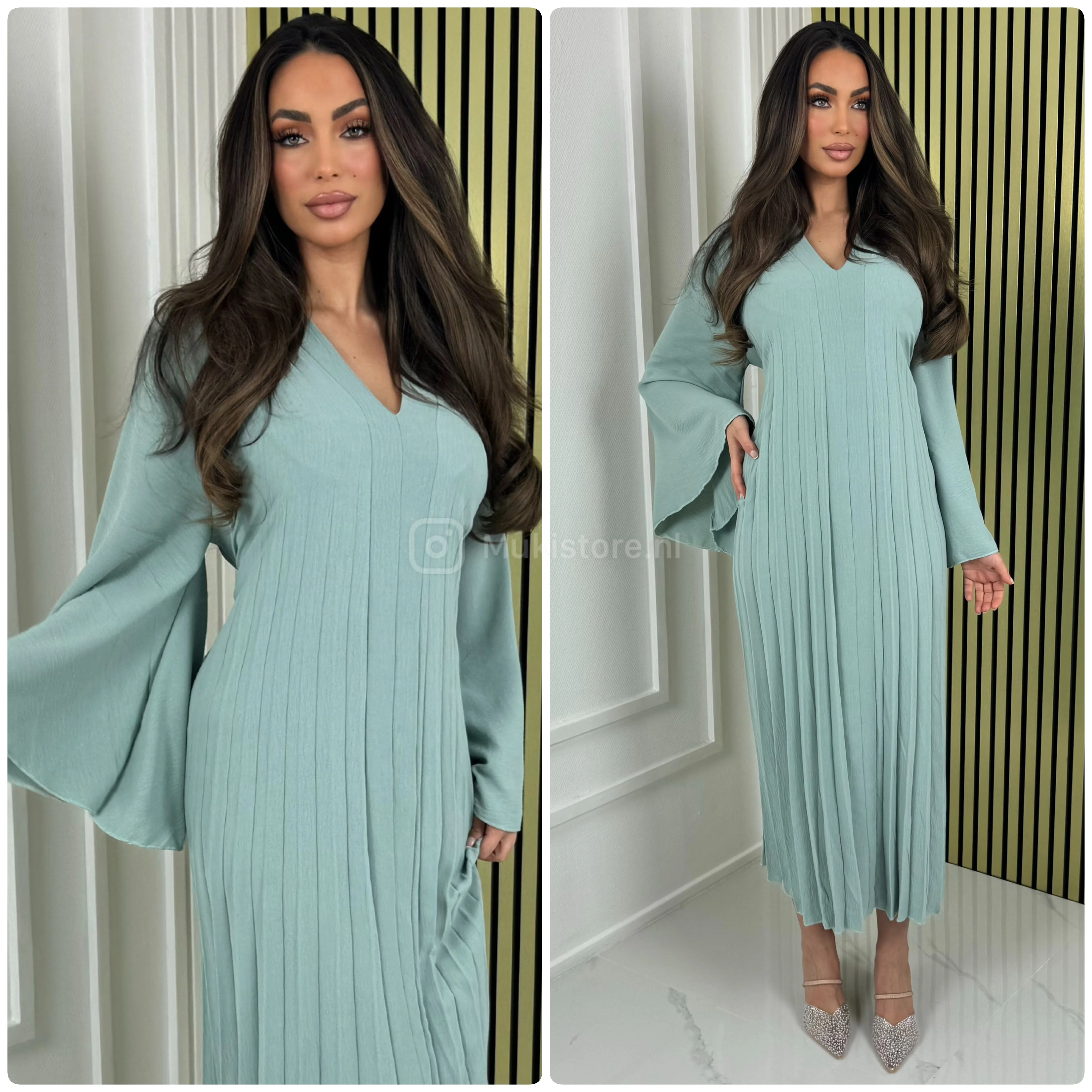 Pleated Tie Belt Dress Wide Sleeves - Image 28