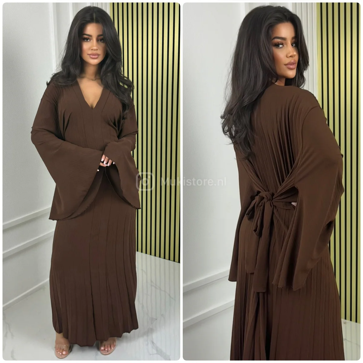 Pleated Tie Belt Dress Wide Sleeves - Image 5