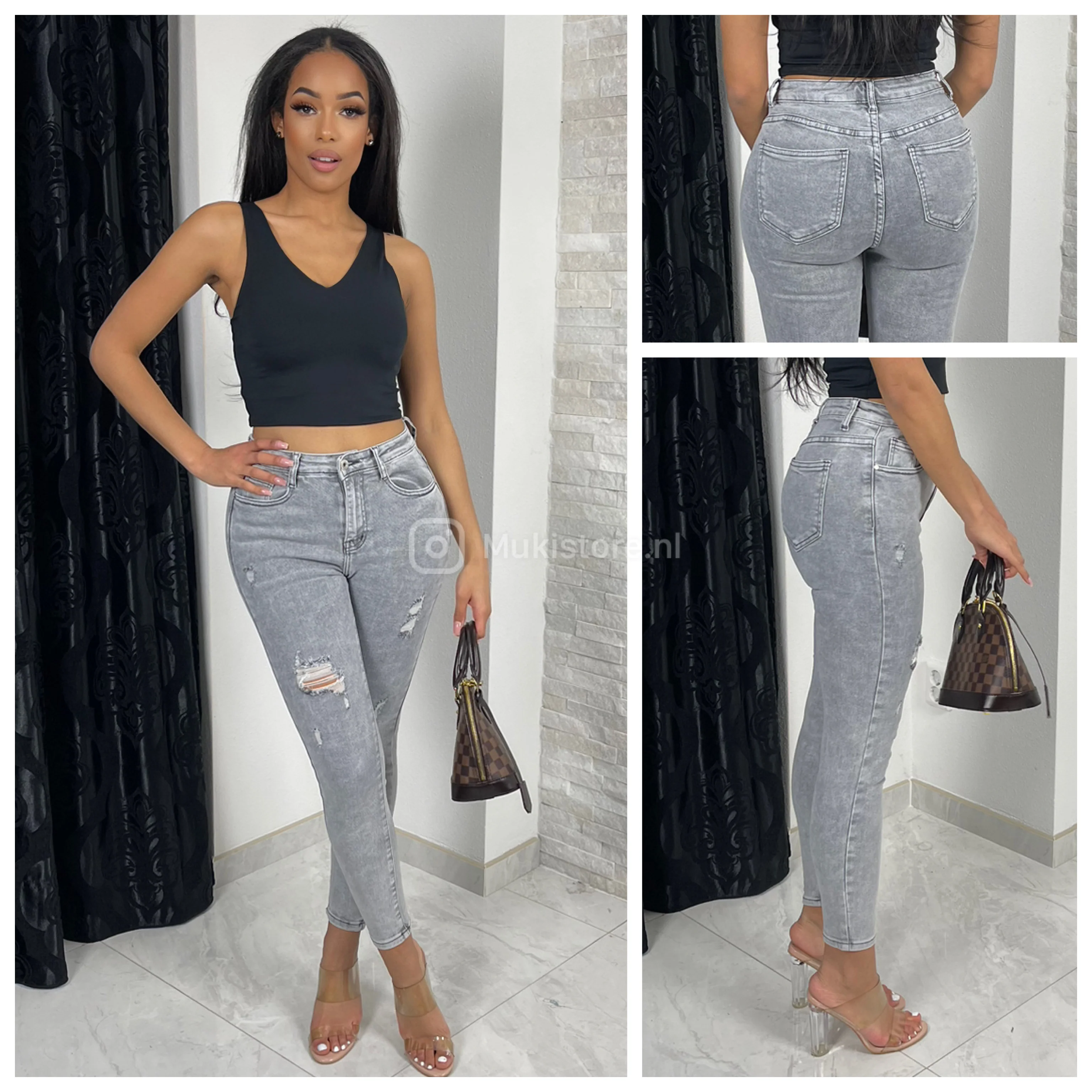 Premium Quality Grey Stretch Ripped Jeans 77211 - Image 2