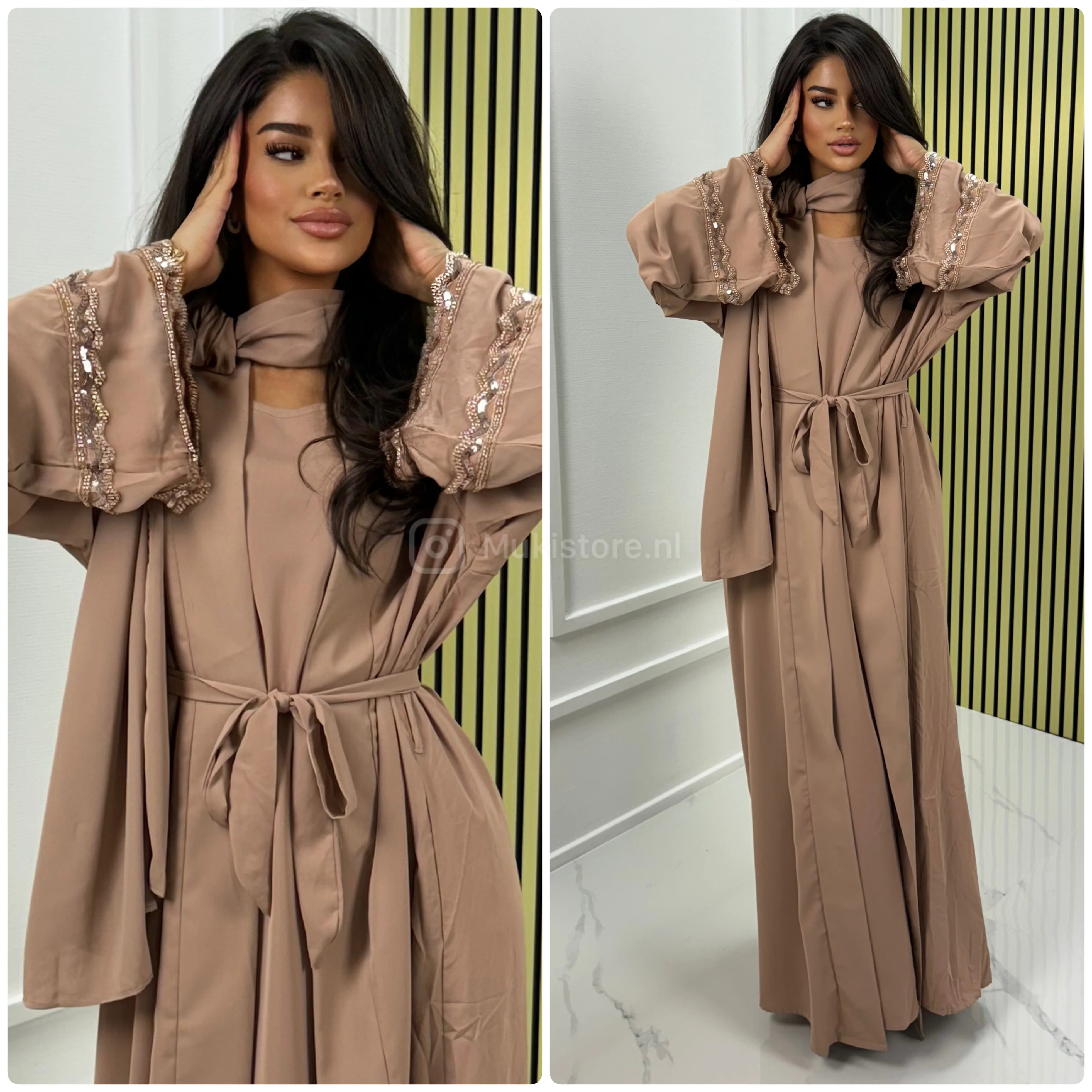 Premium Quality Kimono+Dress+Headscarf+Tie Belt Set Sleeve Detail - Image 9