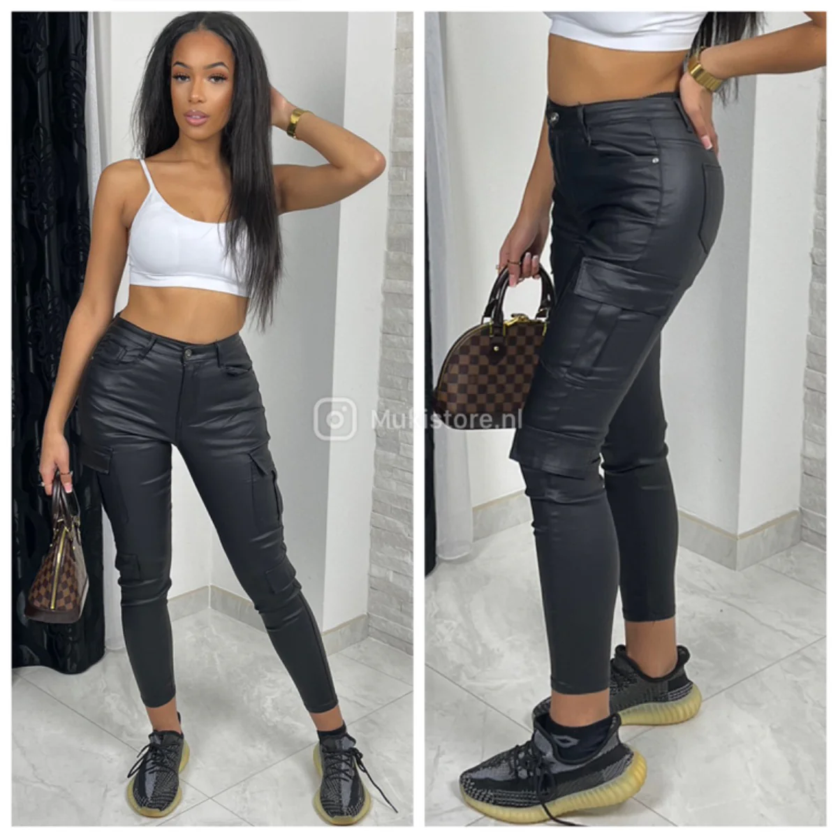 Premium Quality Leather look Black Cargo Pants 77261-1