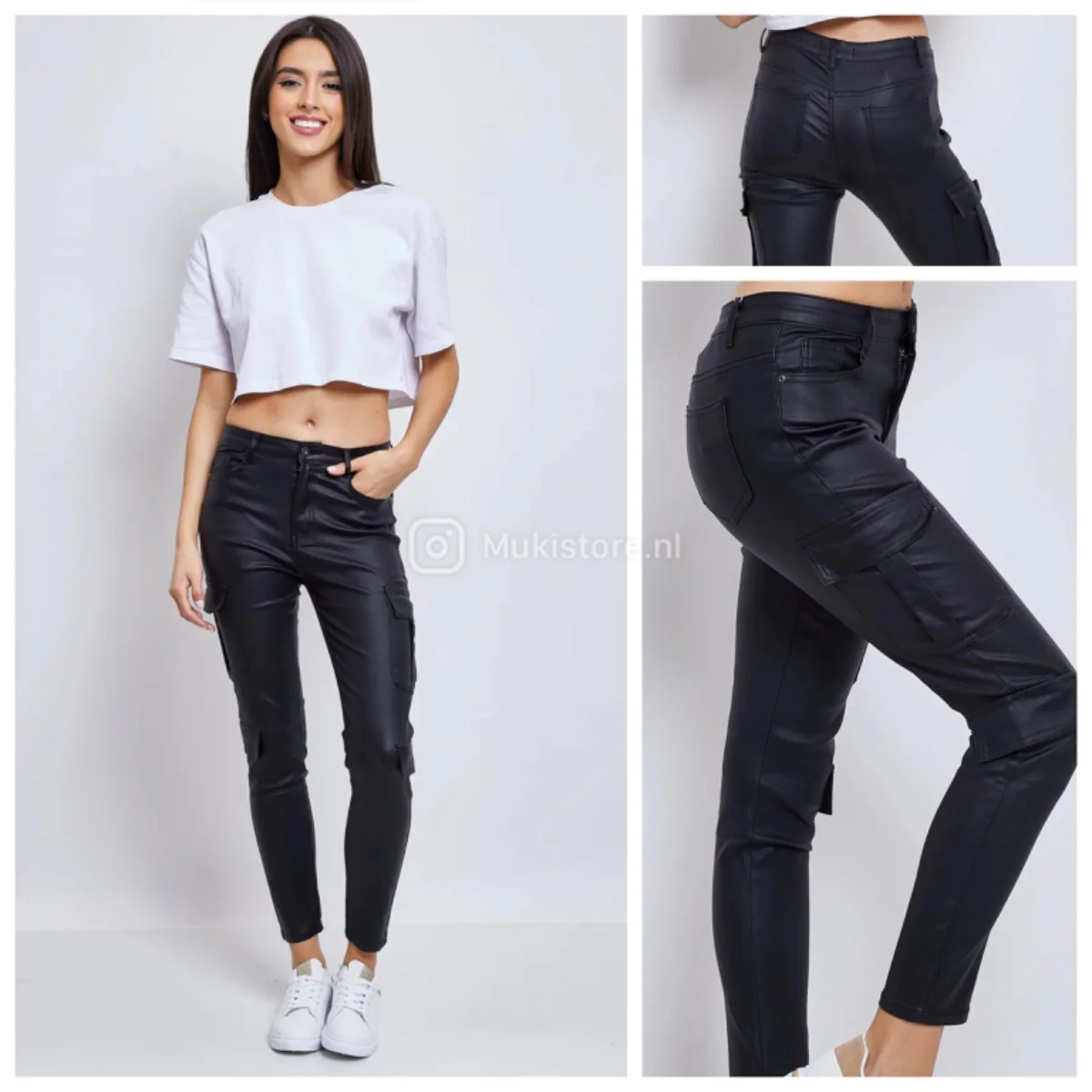 Premium Quality Leather look Black Cargo Pants 77261-1 - Image 2