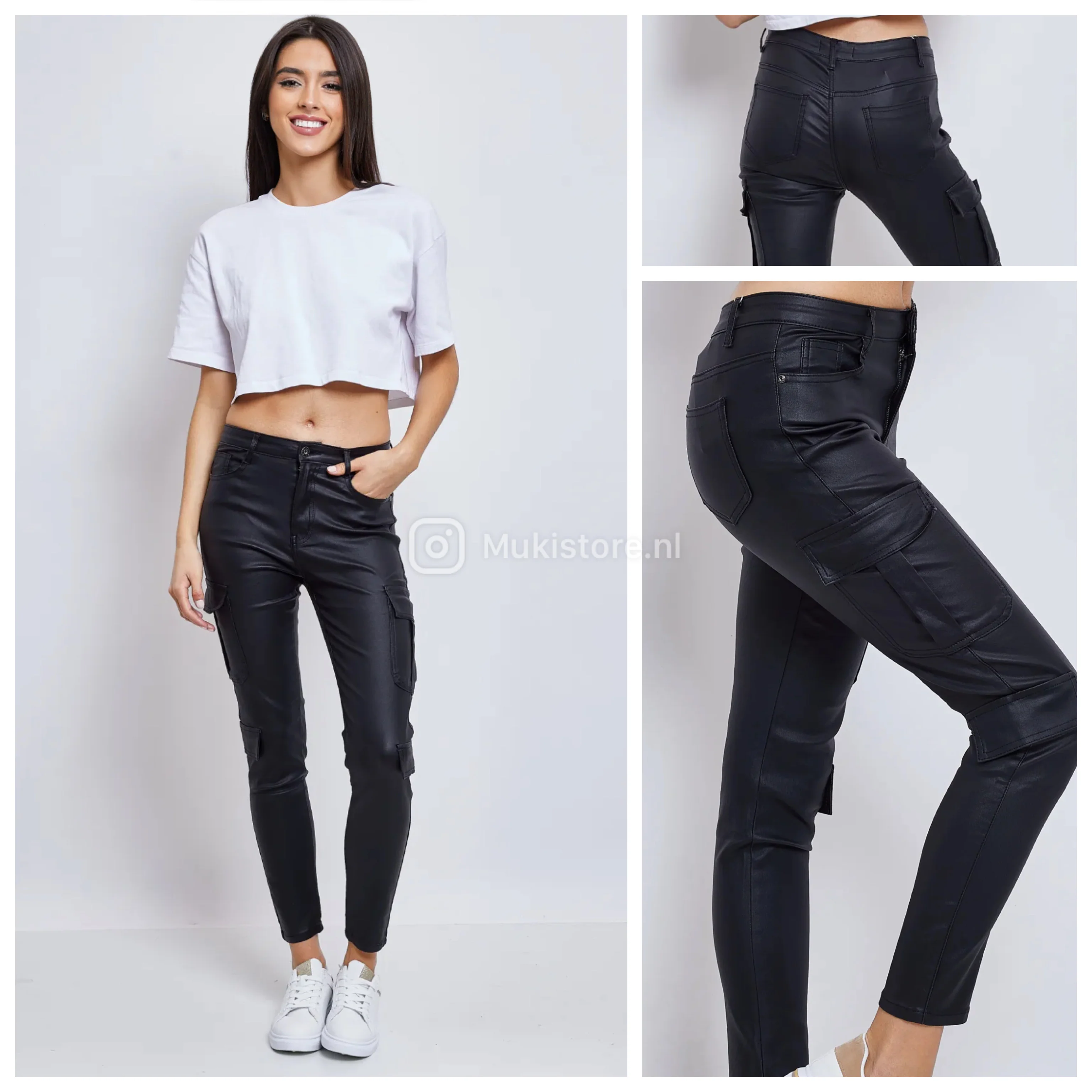 Premium Quality Leather look Black Cargo Pants 77261-1 - Image 3