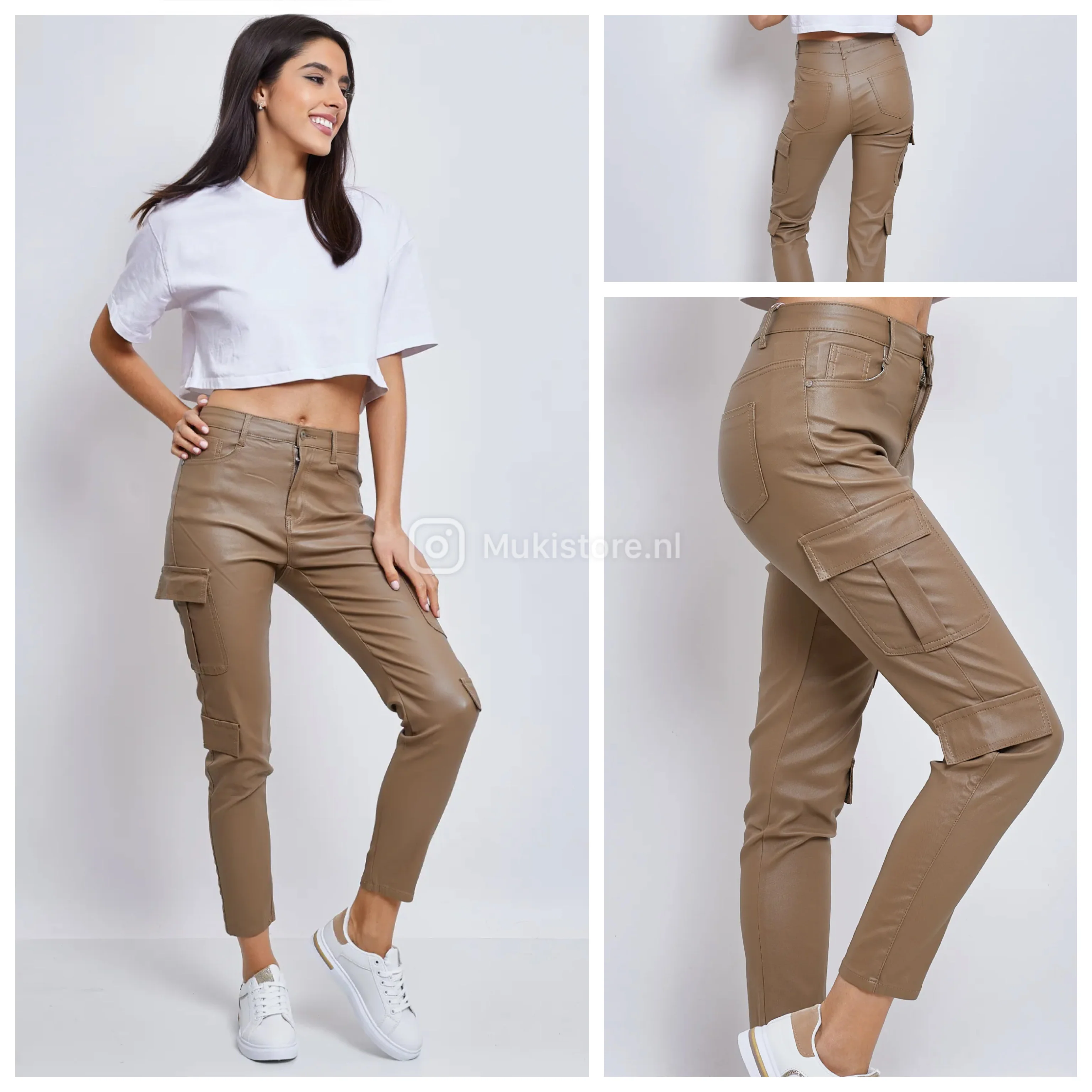 Premium Quality Leather look Brown Cargo Pants 77261-2 - Image 3