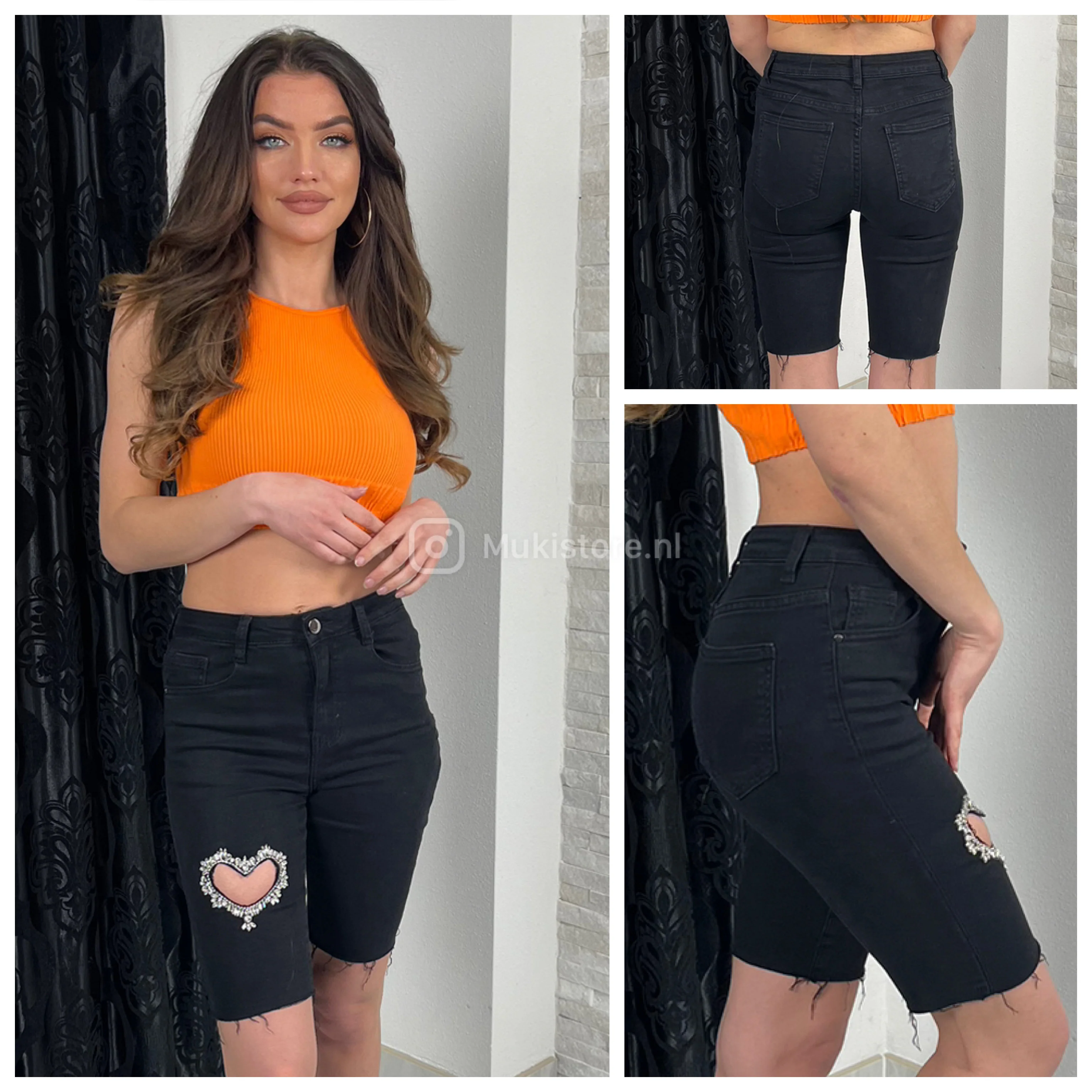 Premium Quality Stretch Jeans Shorts Heart Cut Out Stones 77351 - Image 13