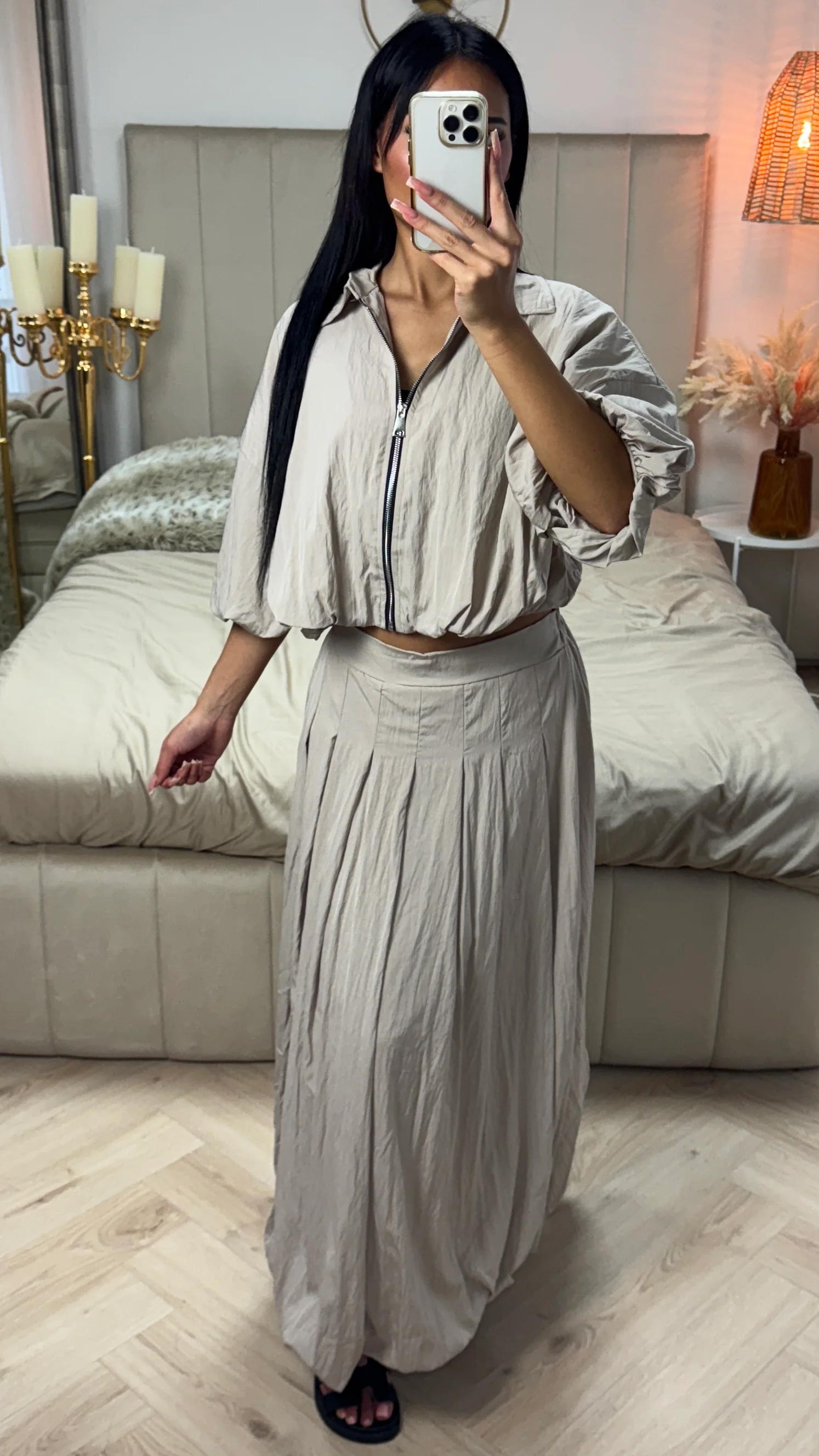 Puff Sleeve Zip-Up Crop Top with Pleated Maxi Skirt - Image 10