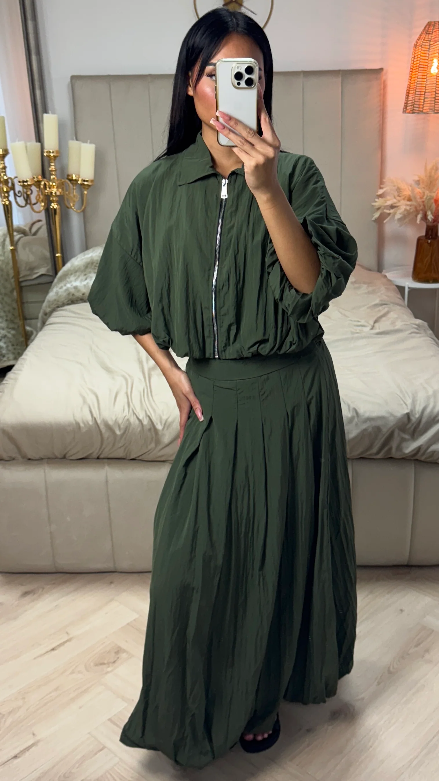 Puff Sleeve Zip-Up Crop Top with Pleated Maxi Skirt - Image 5