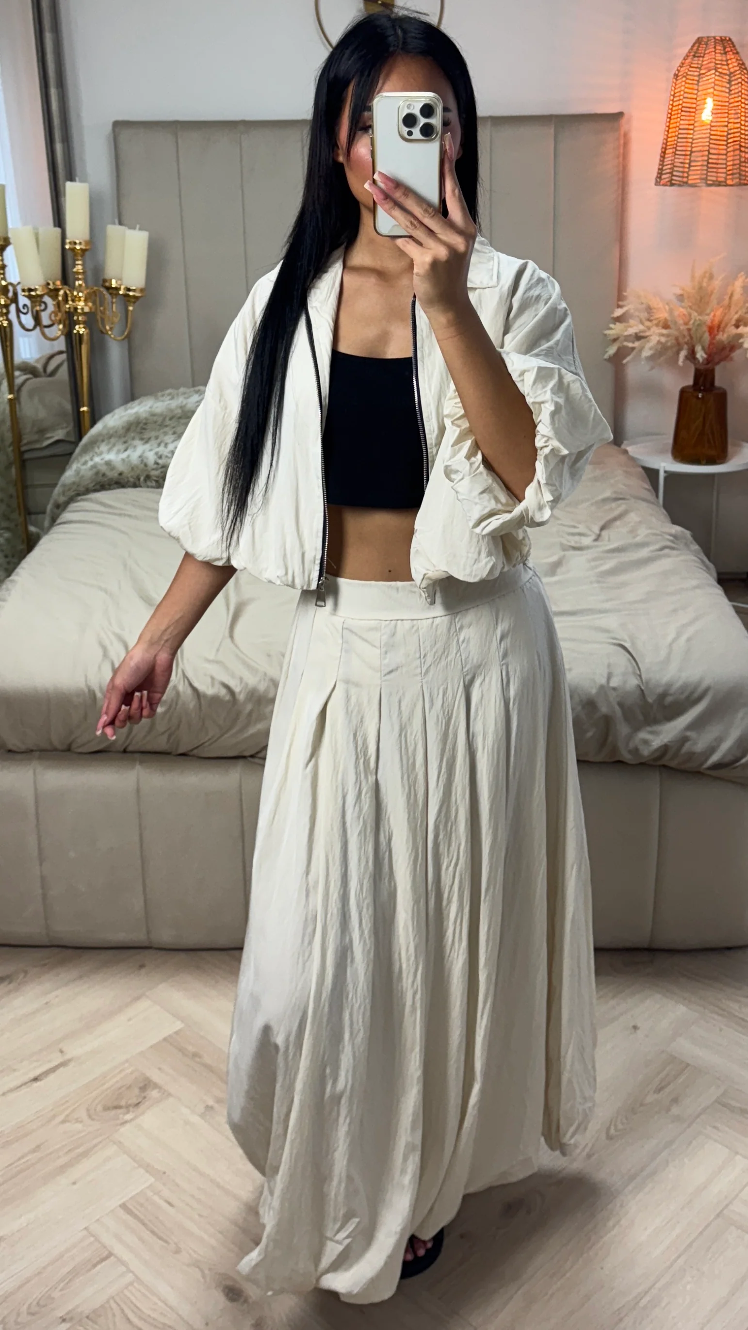 Puff Sleeve Zip-Up Crop Top with Pleated Maxi Skirt - Image 6