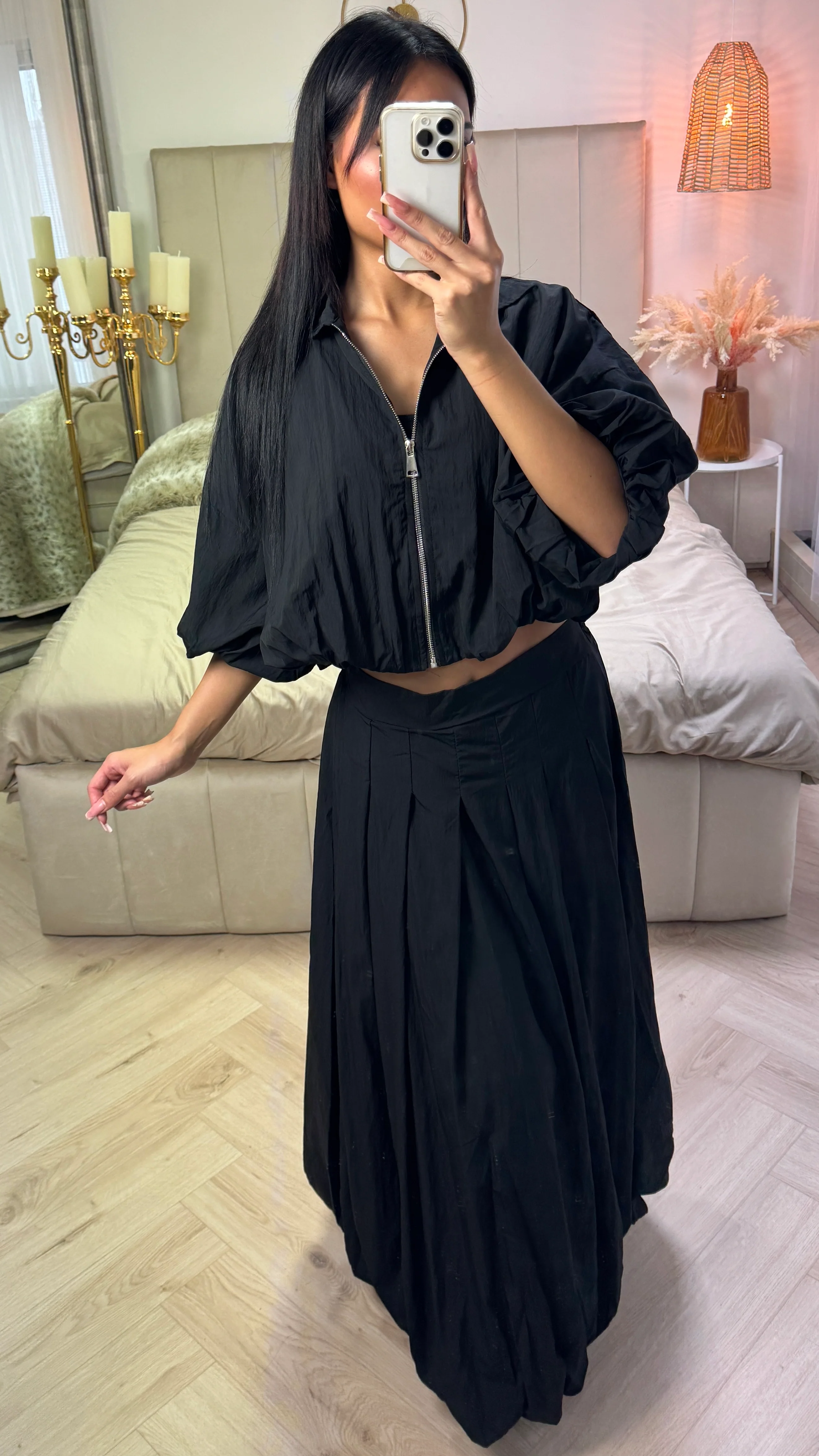 Puff Sleeve Zip-Up Crop Top with Pleated Maxi Skirt - Image 7