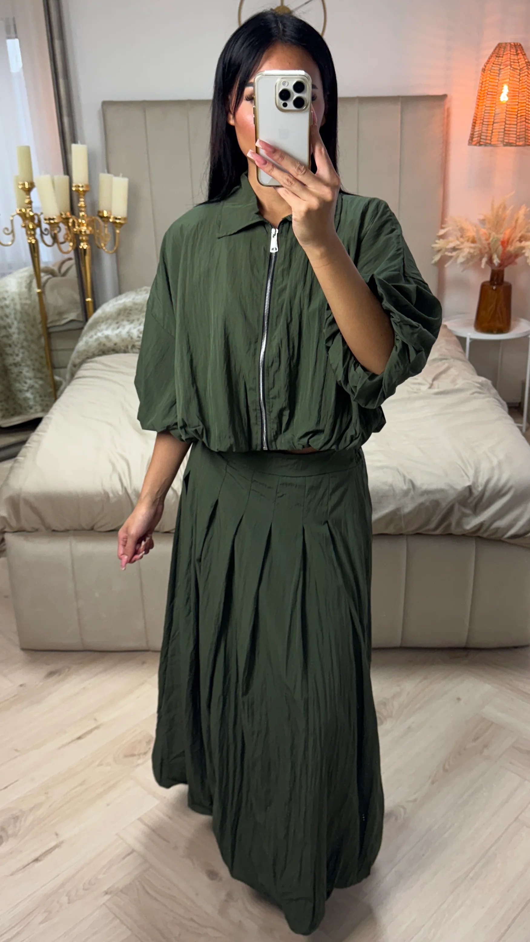 Puff Sleeve Zip-Up Crop Top with Pleated Maxi Skirt - Image 9